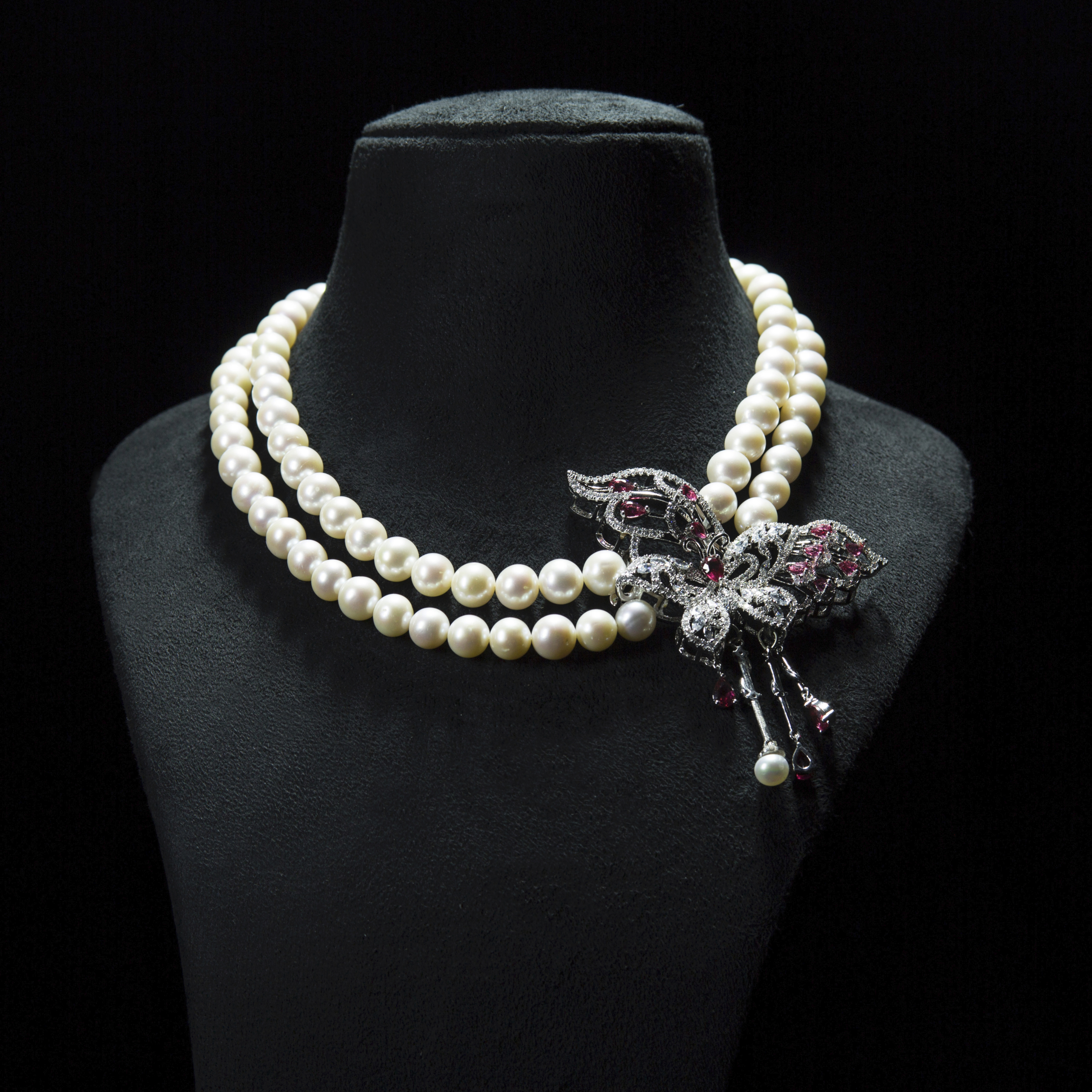 Classic butterfly pink stone studded white pearl double strand necklace-with Single Rhinestone silver clasp