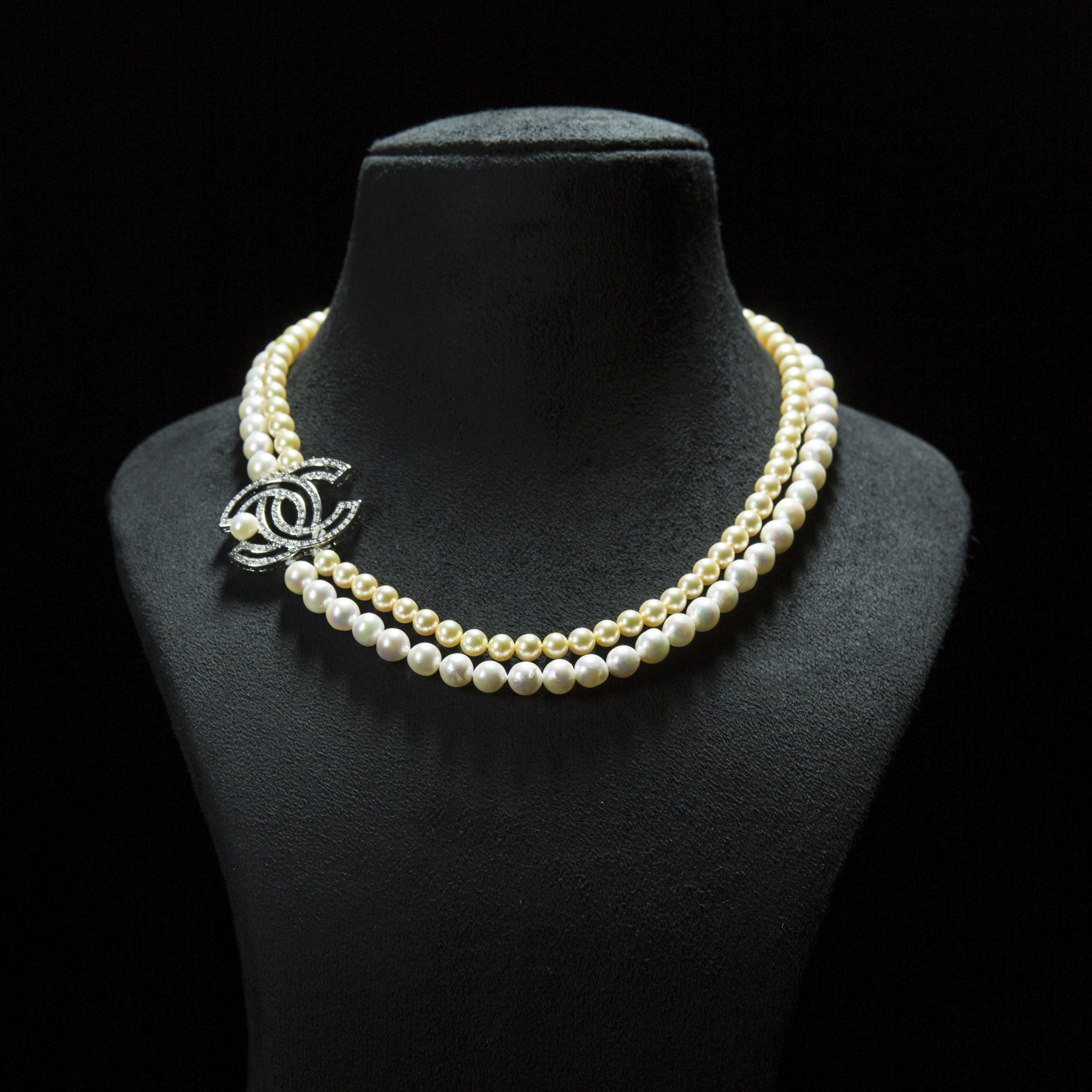 Diamond accent single white pearl studded Chanel CC white and golden pearl double strand necklace- with circular silver clasp