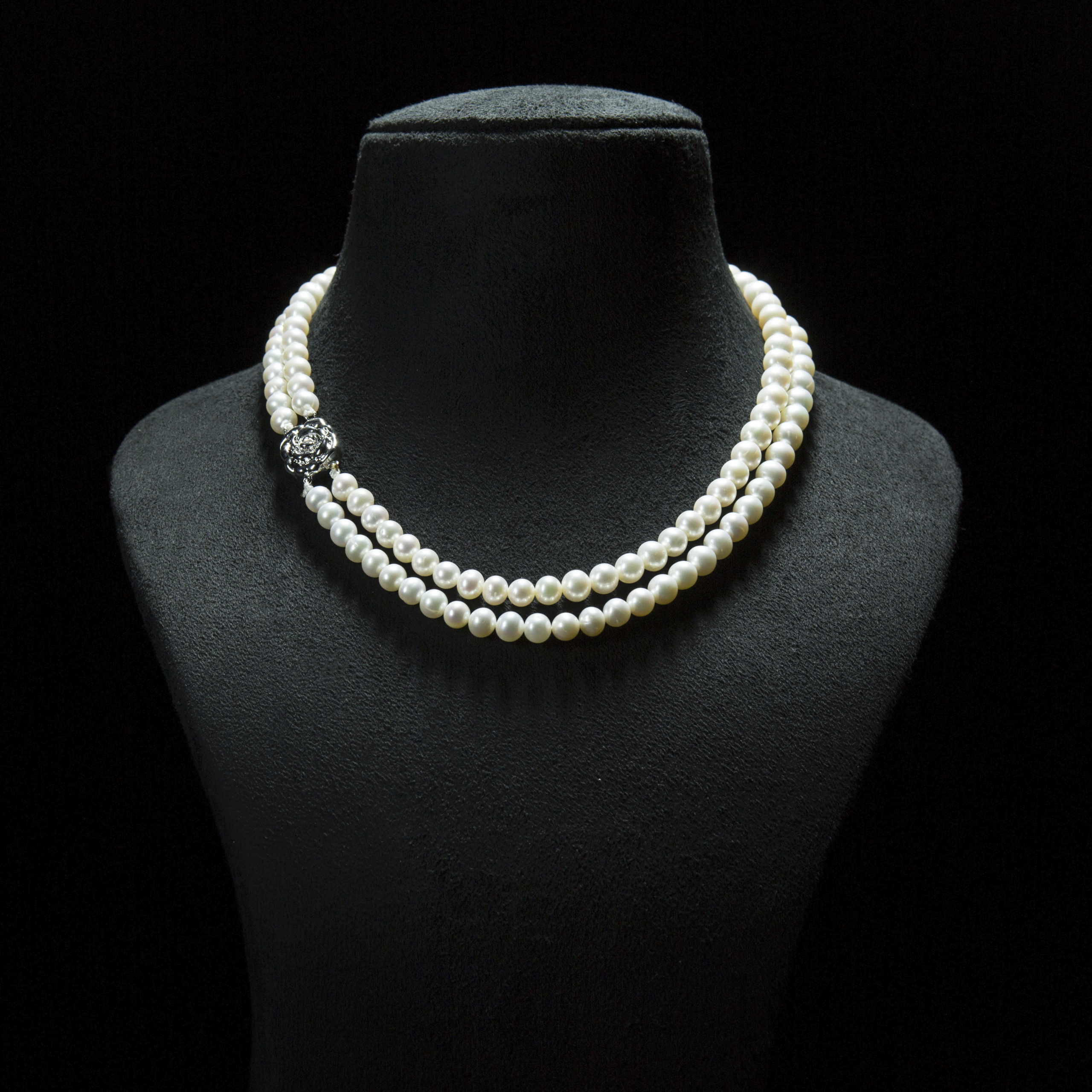 Classic double strand white pearl necklace- with silver floral clasp