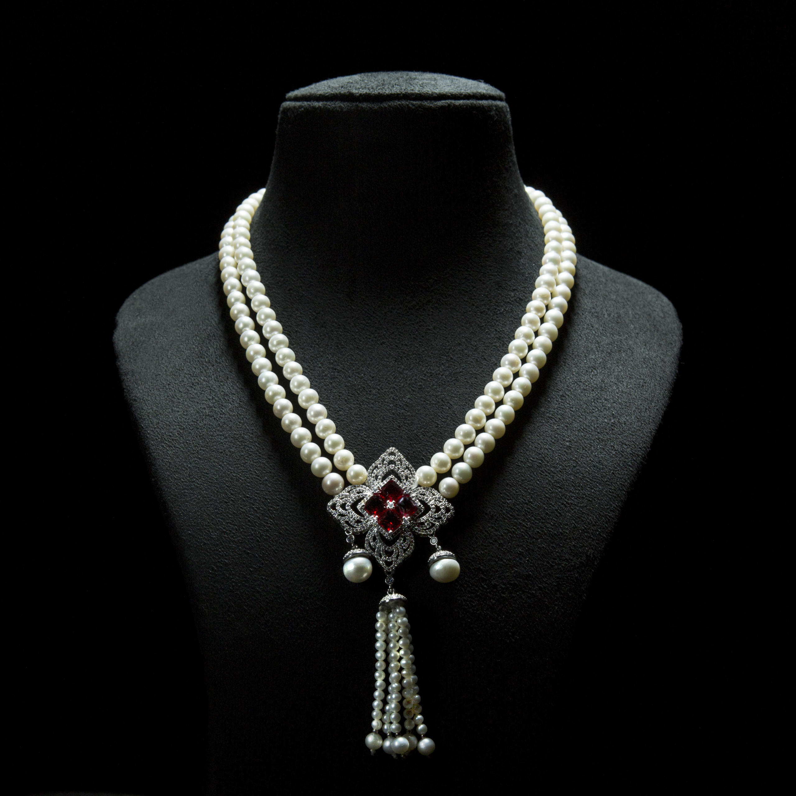 Diamond accent Vintage armenian red ruby stone double strand white pearl necklace- with silver single rhinestone lock