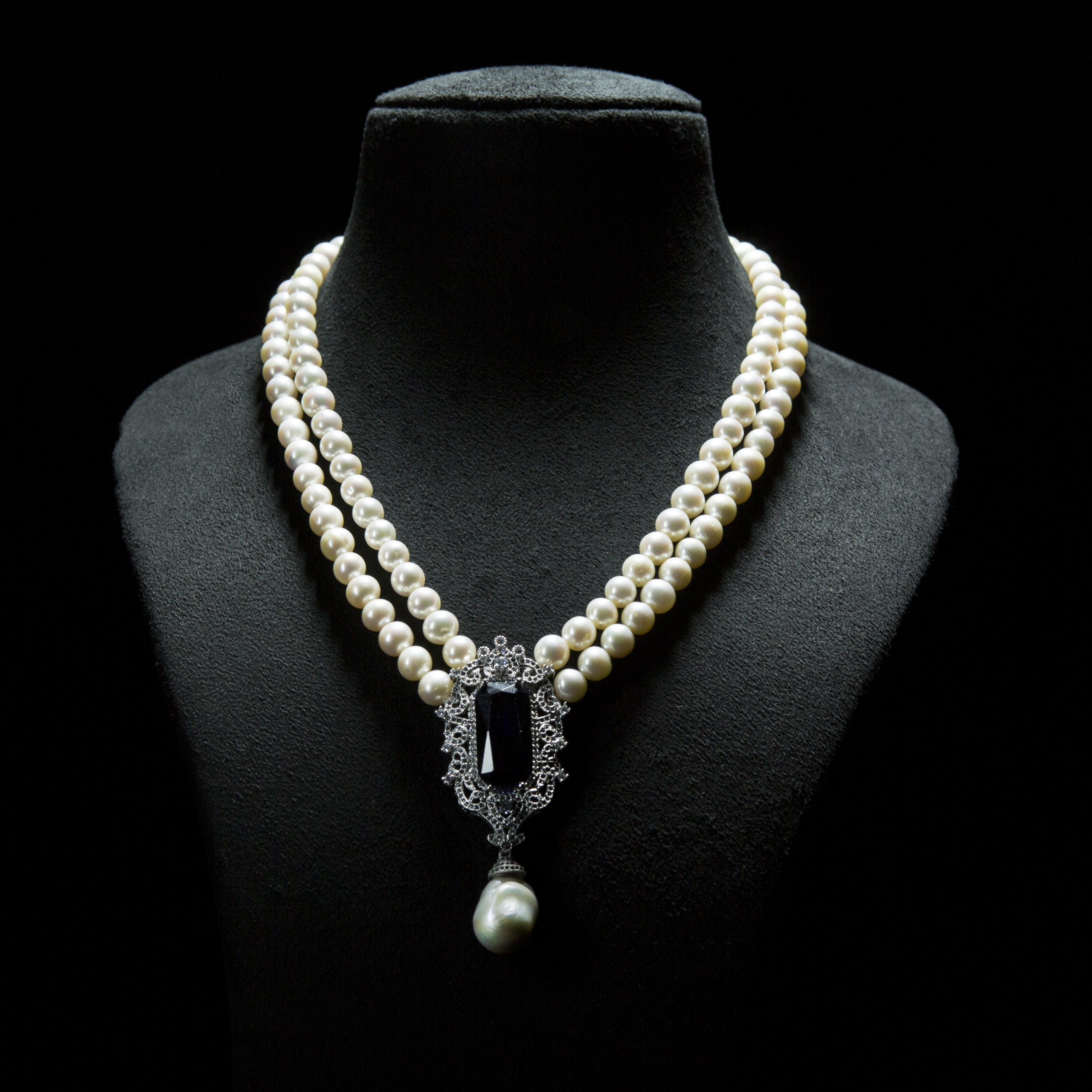 Royal Queen Crown Sapphire stone with Baroque Hanging pearl double strand white pearl necklace- with silver floral clasp