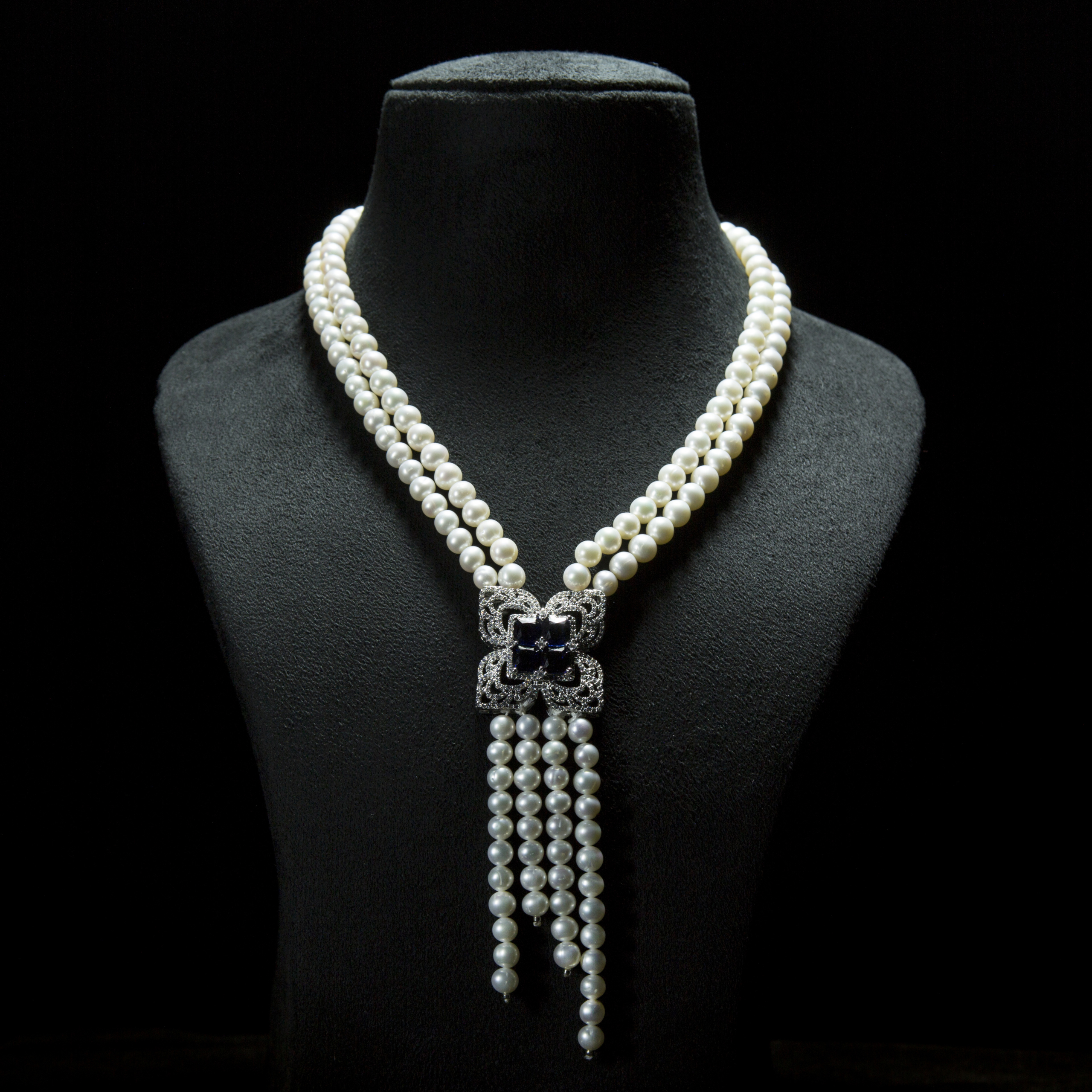 Vintage victorian style floral blue Sapphire double stranded pearl necklace- with silver floral clasp