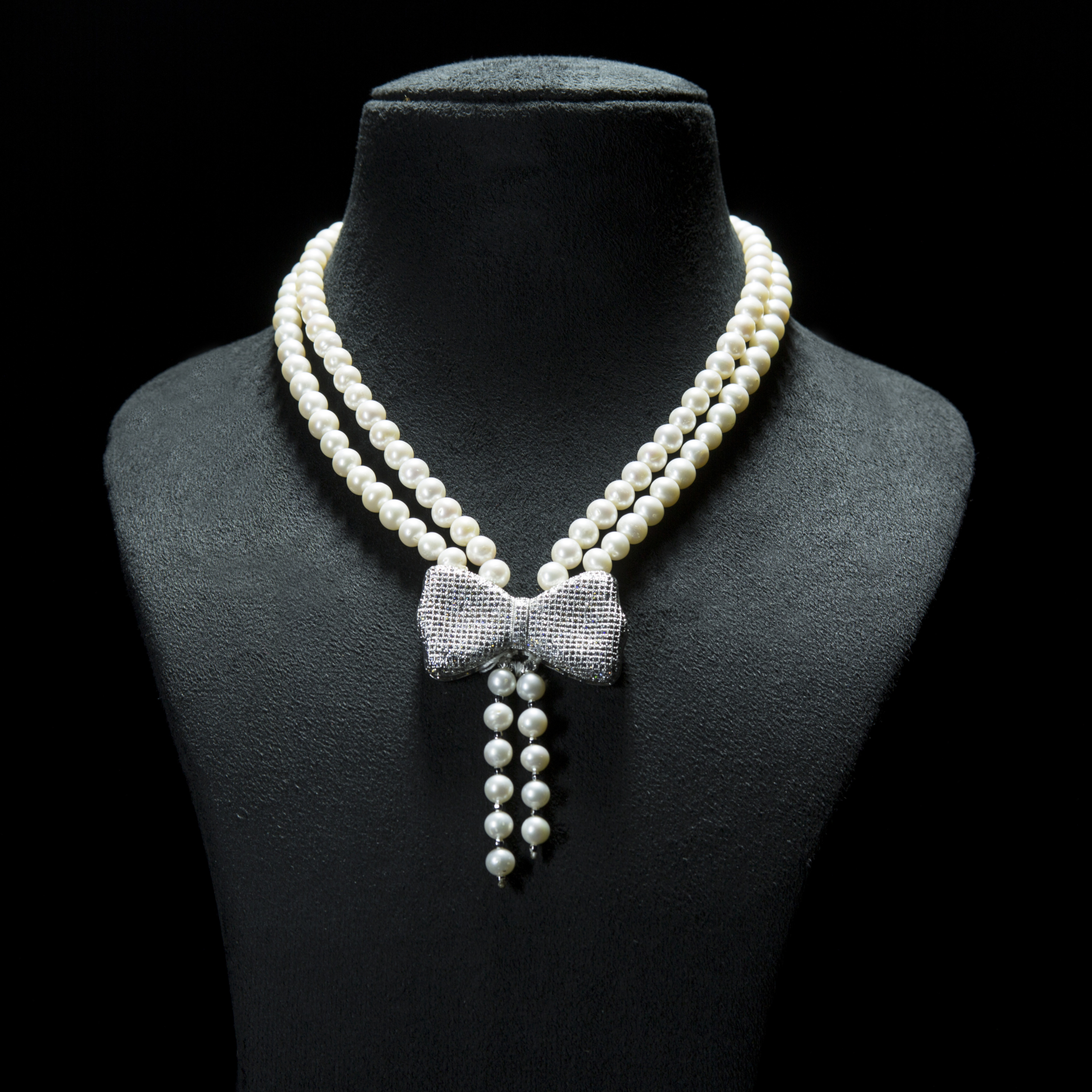 Elegant White natural Sea water pearl Necklace - Silver Bow knot Design  | Double Stand