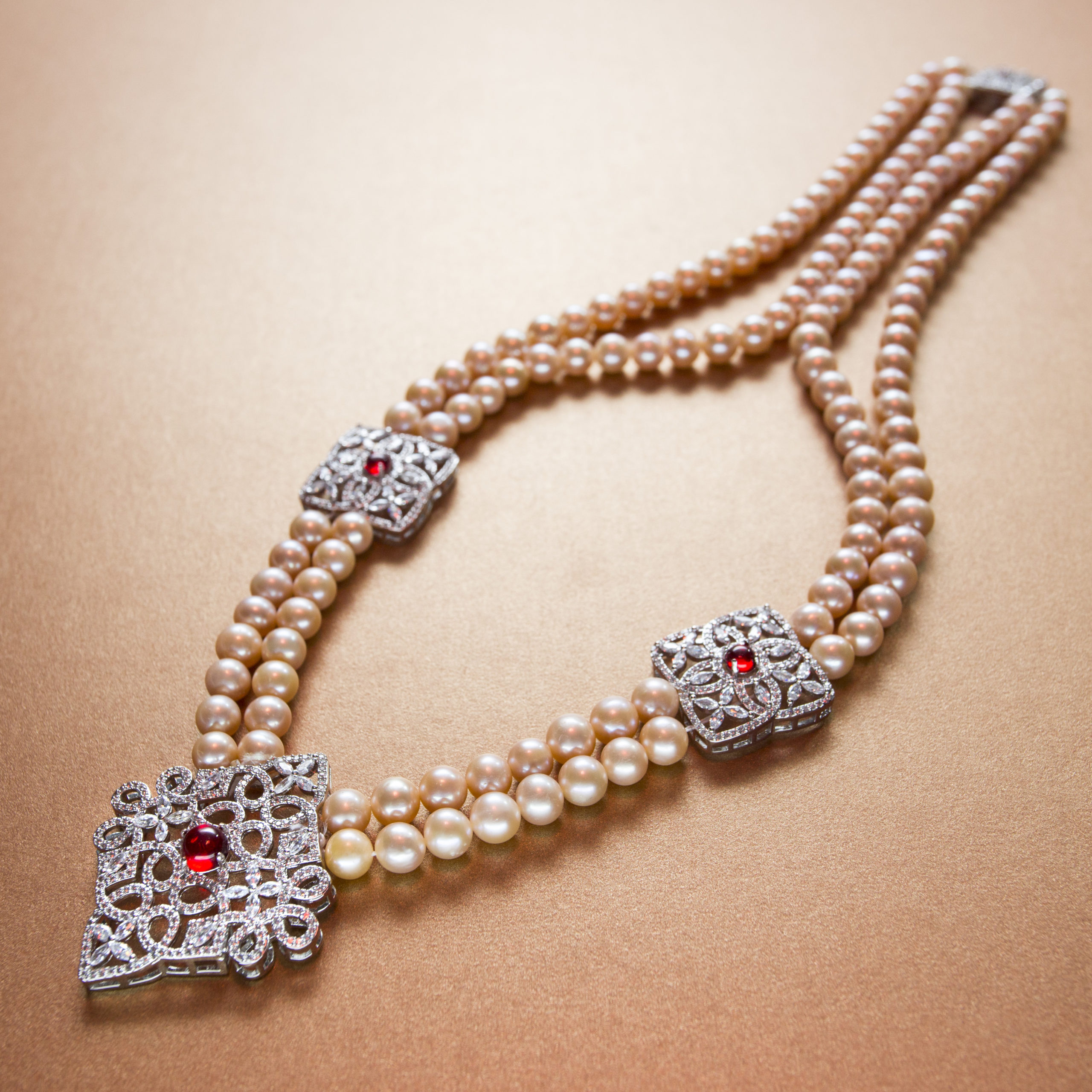 Armenian Precise round cut red ruby studded Pink pearl double stranded necklace- with Single Rhinestone silver clasp