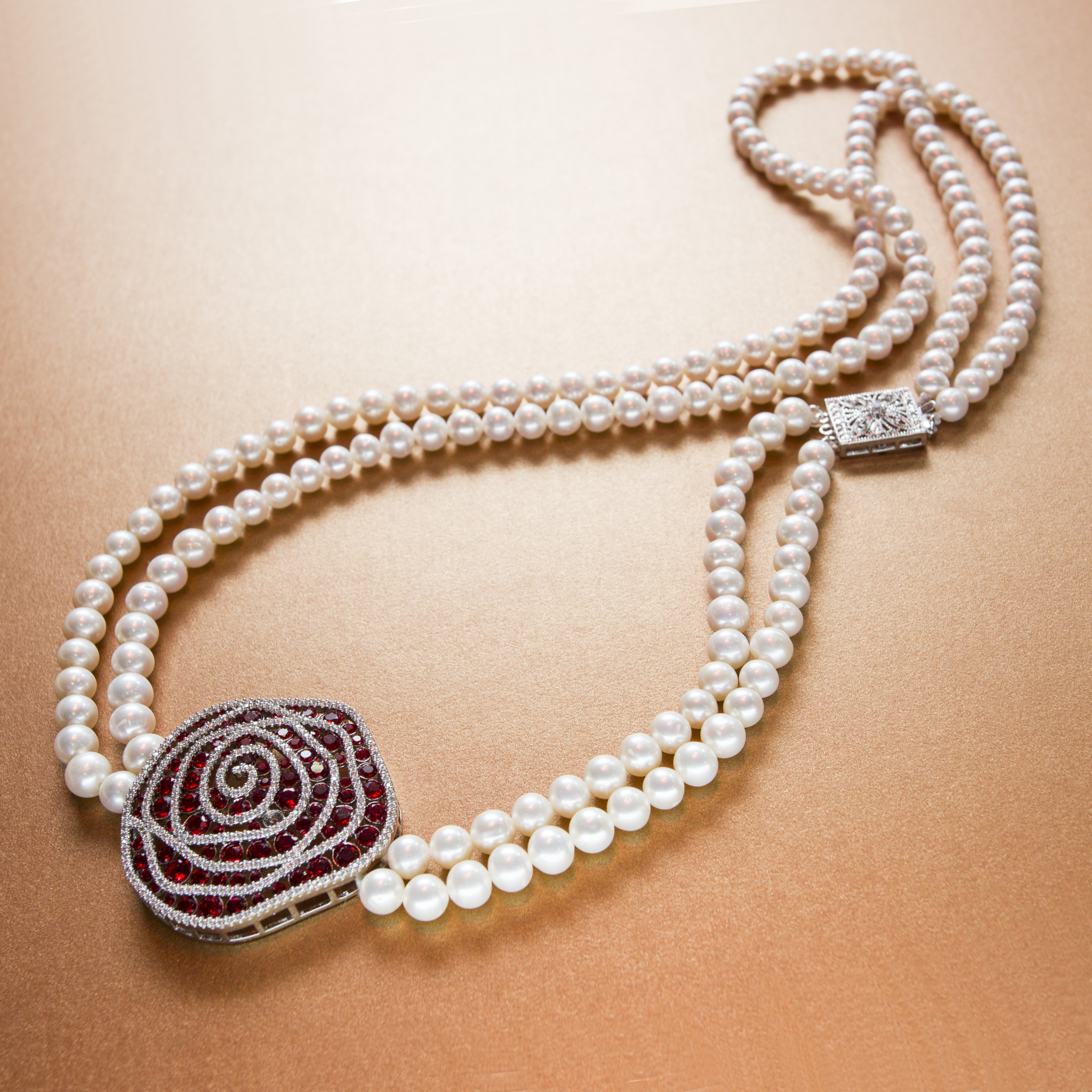 Circular loop red ruby stone white pearl double strand pearl necklace-with silver single rhinestone lock