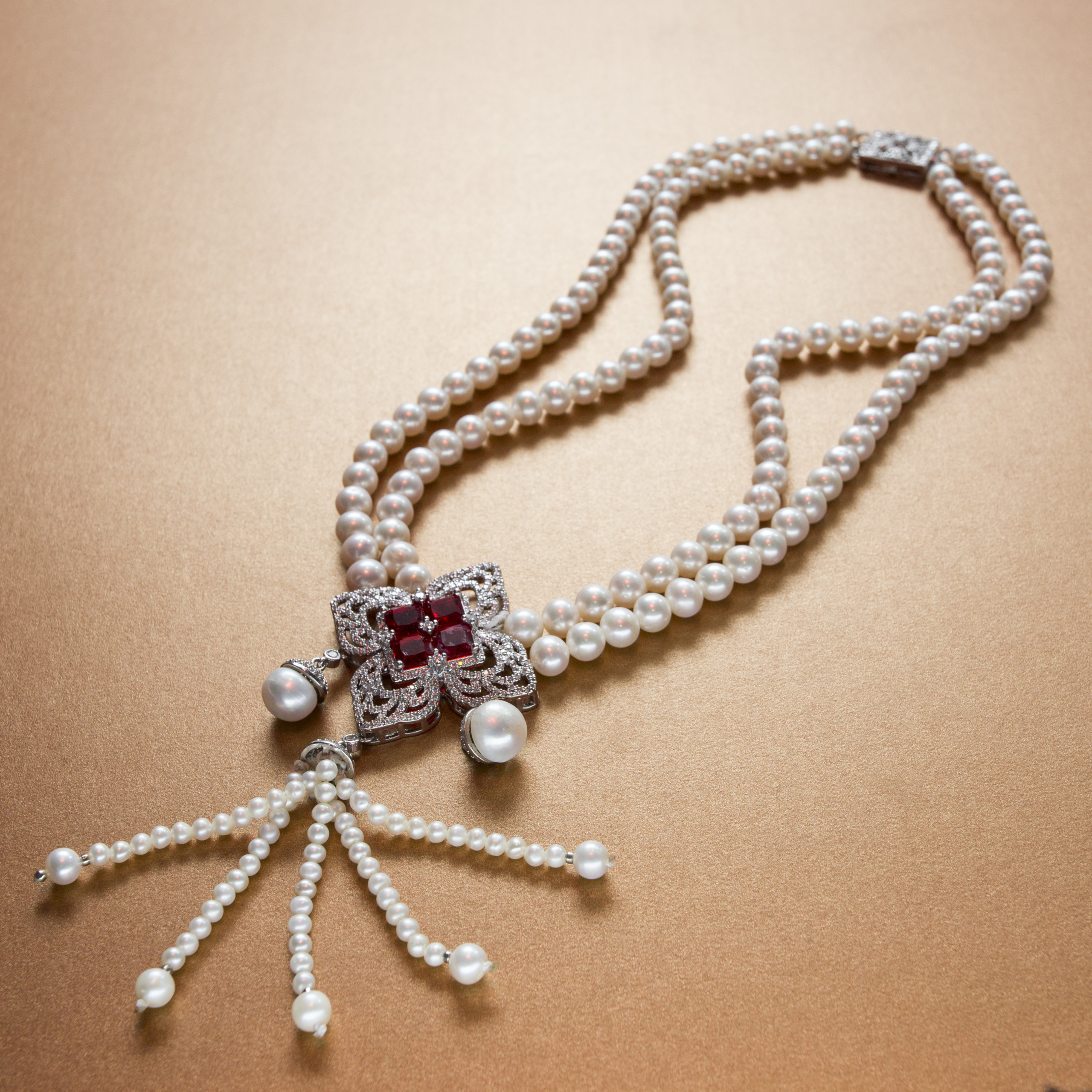 Diamond accent Vintage armenian red ruby stone double strand white pearl necklace- with silver single rhinestone lock