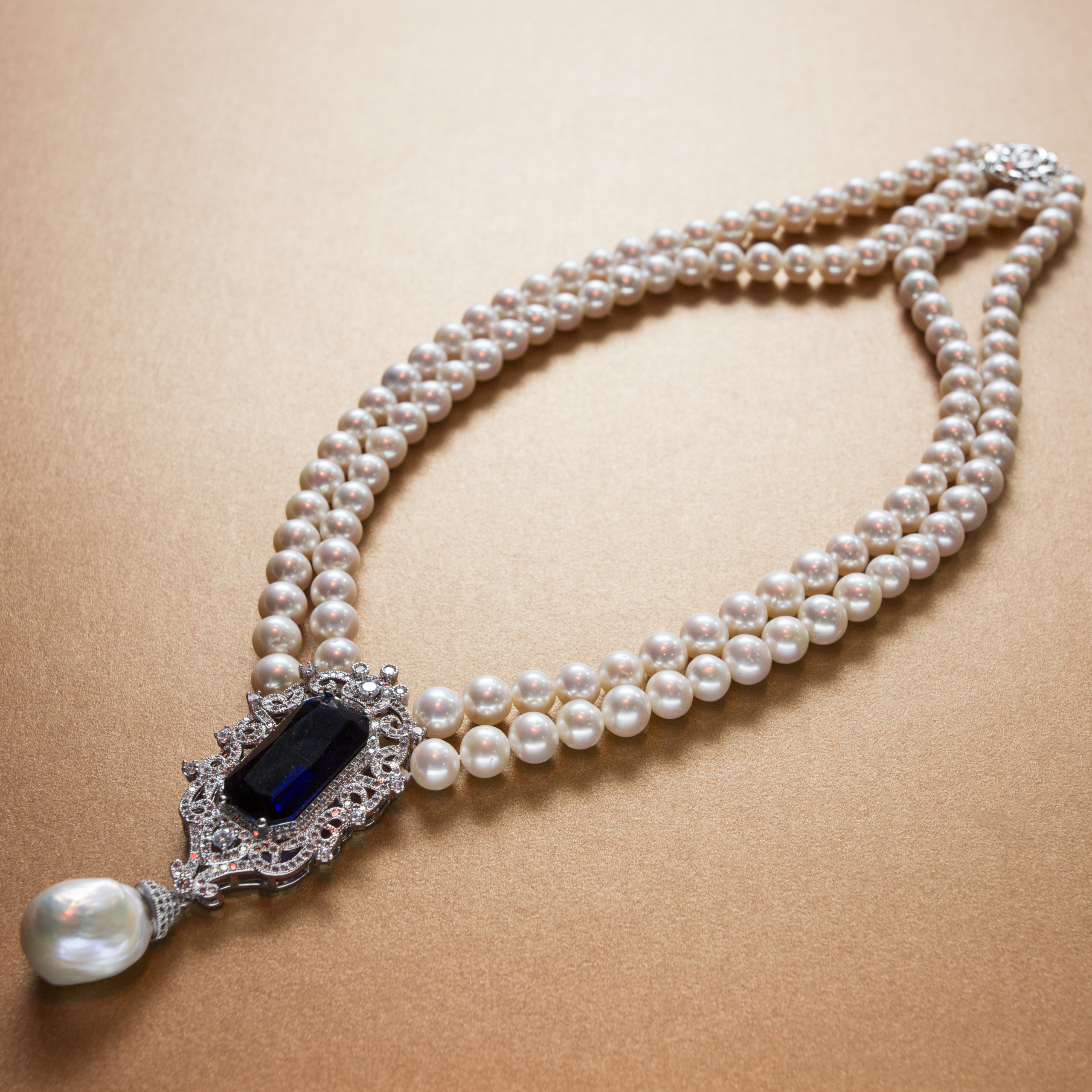 Royal Queen Crown Sapphire stone with Baroque Hanging pearl double strand white pearl necklace- with silver floral clasp