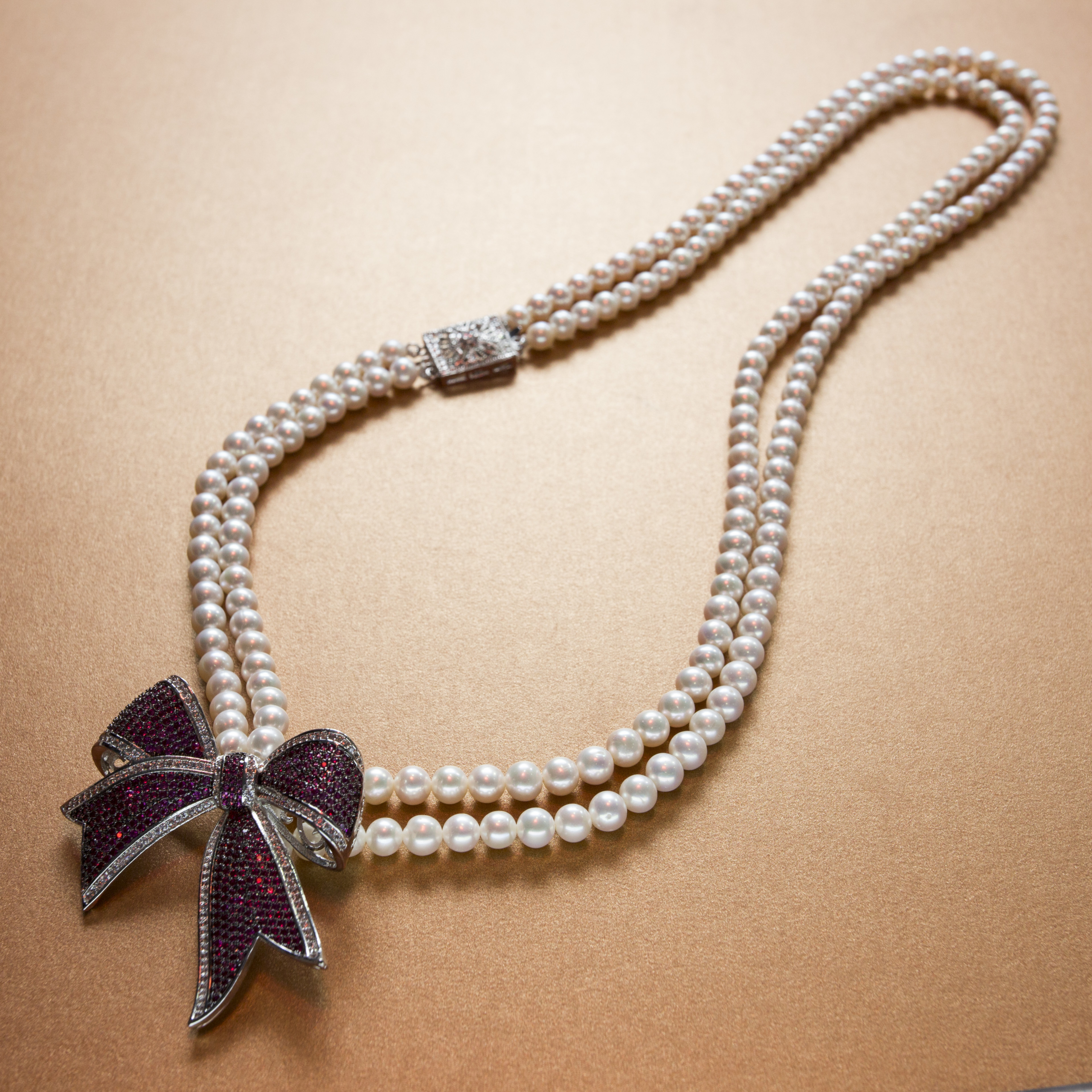 Classic bow knot pink stone white pearl double strand necklace - with Single Rhinestone silver clasp