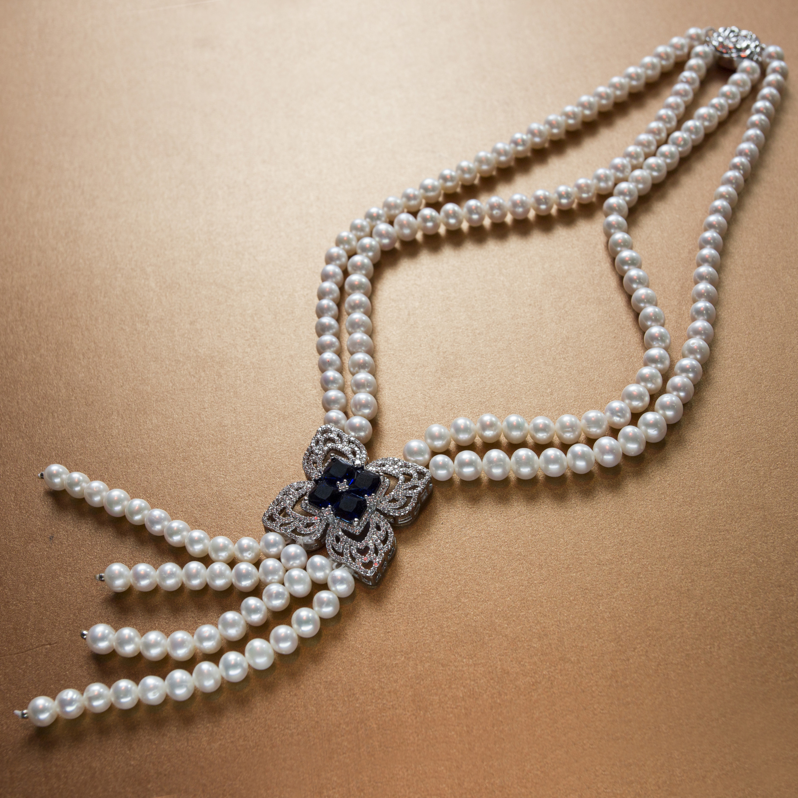 Vintage victorian style floral blue Sapphire double stranded pearl necklace- with silver floral clasp