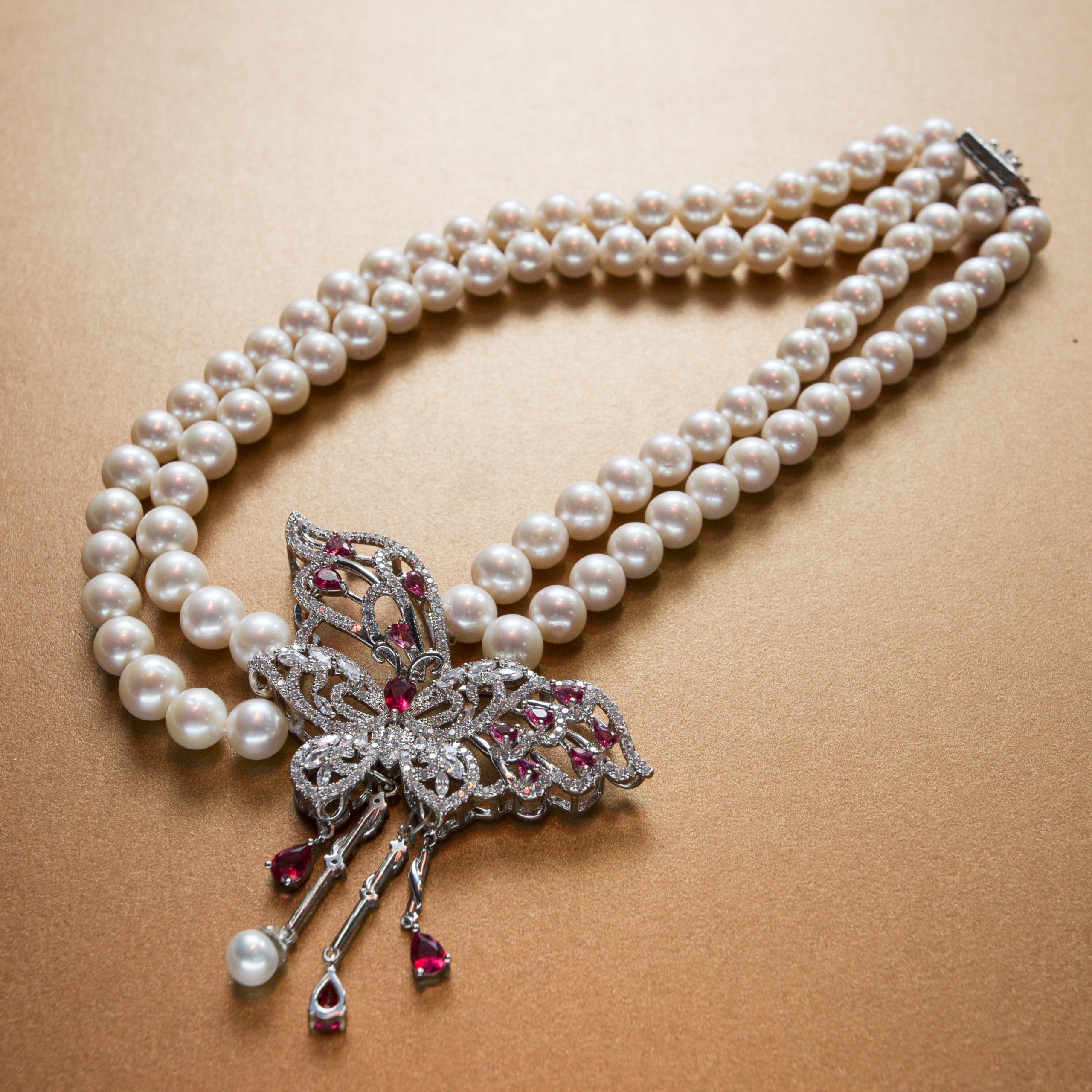 Classic butterfly pink stone studded white pearl double strand necklace-with Single Rhinestone silver clasp