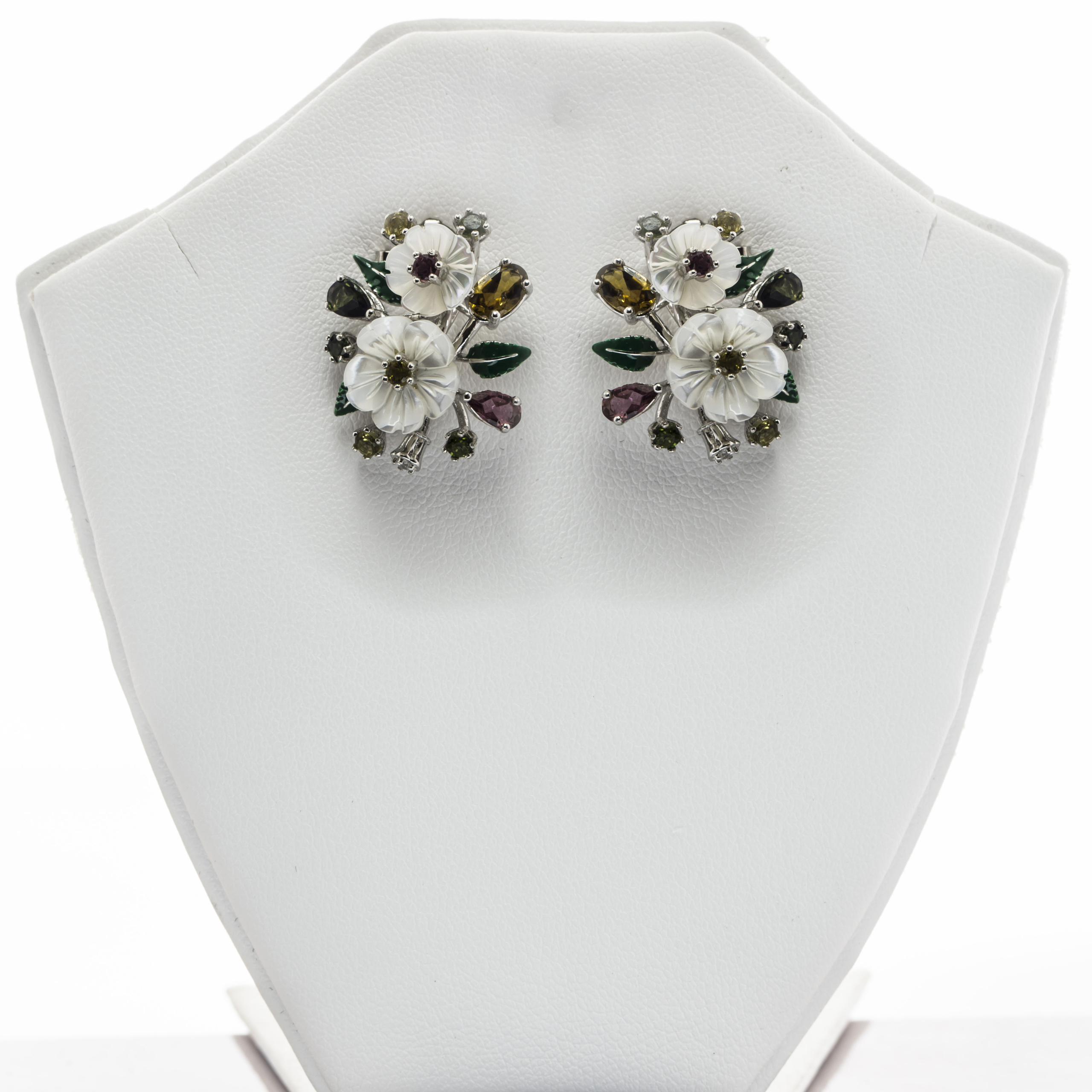 Floral Natural Gemstone  studded Mother of Pearl Fine Silver  Earring