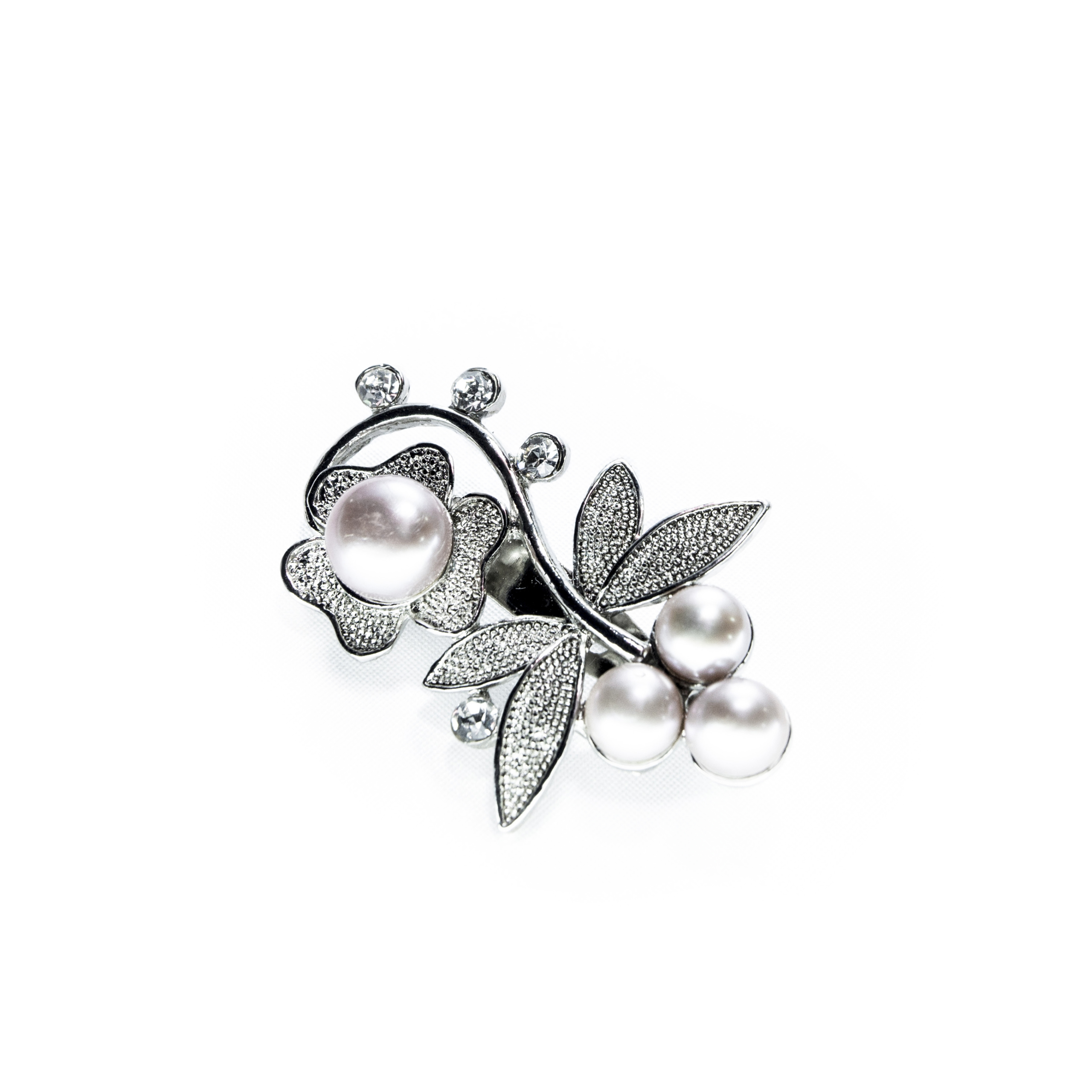 Single Pearl & stones Floral Bridal Silver Brooch Pin - White Freshwater Pearls