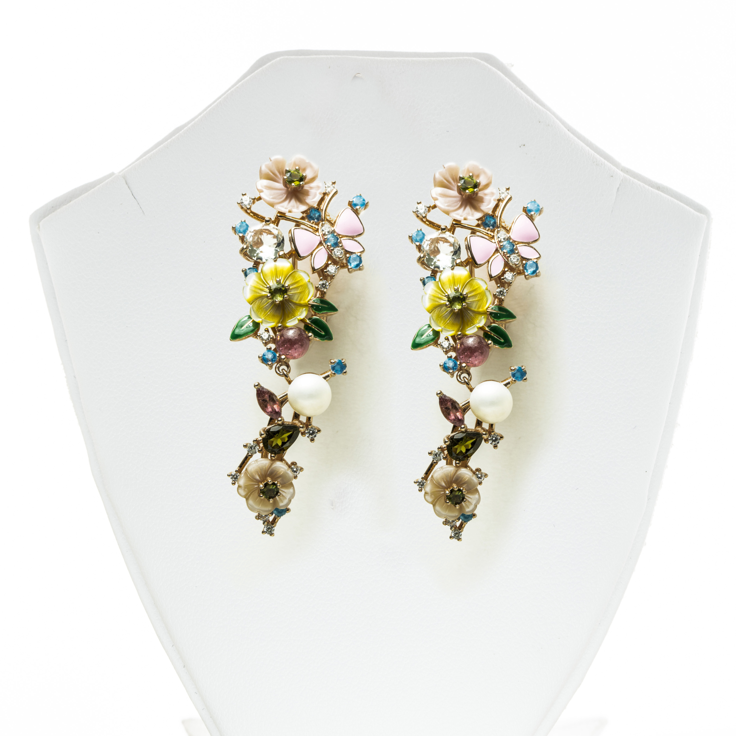 Butterfly Nectar inspired Natural Gemstone & Pearl studded Mother of Pearl Fine Rosegold Earring