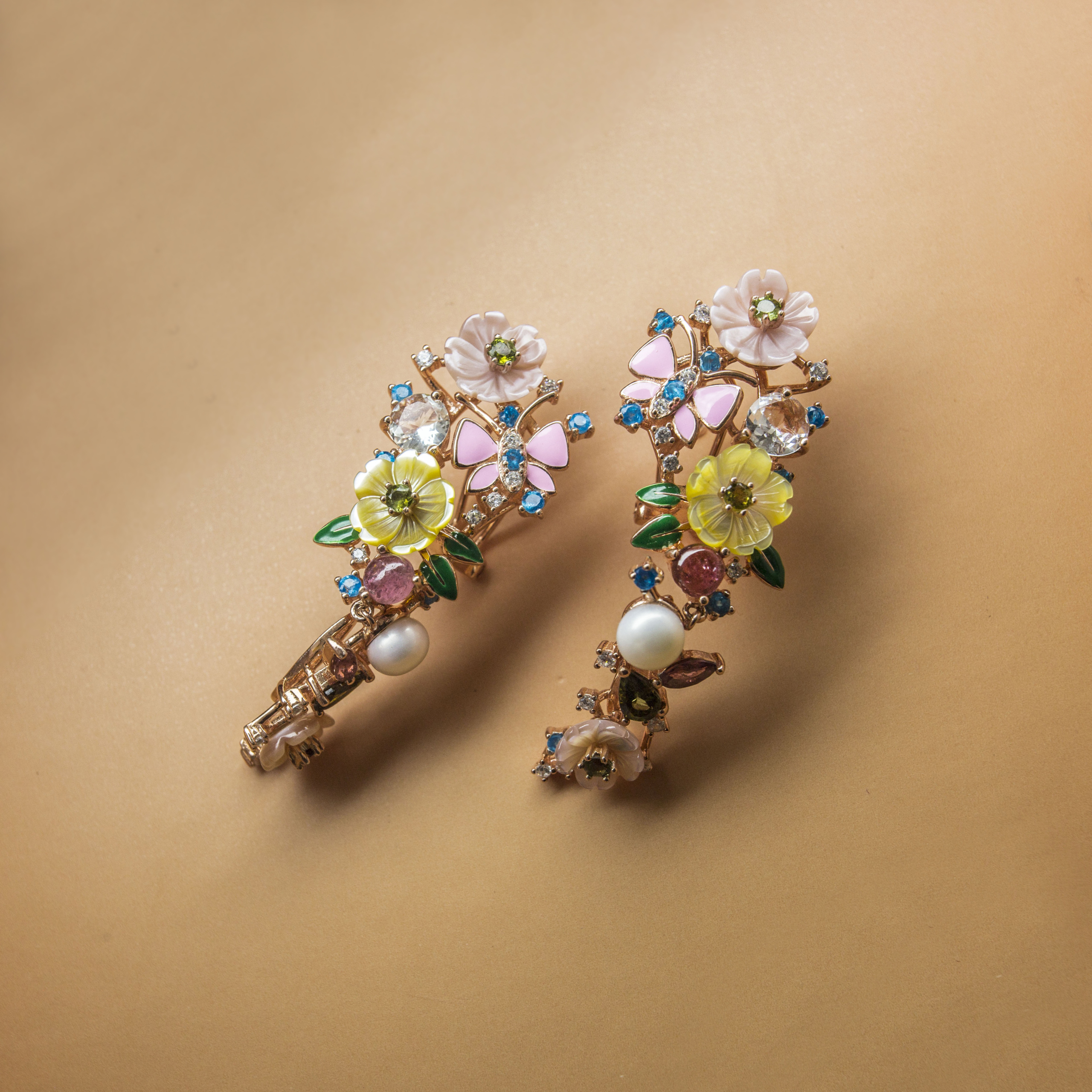 Butterfly Nectar inspired Natural Gemstone & Pearl studded Mother of Pearl Fine Rosegold Earring