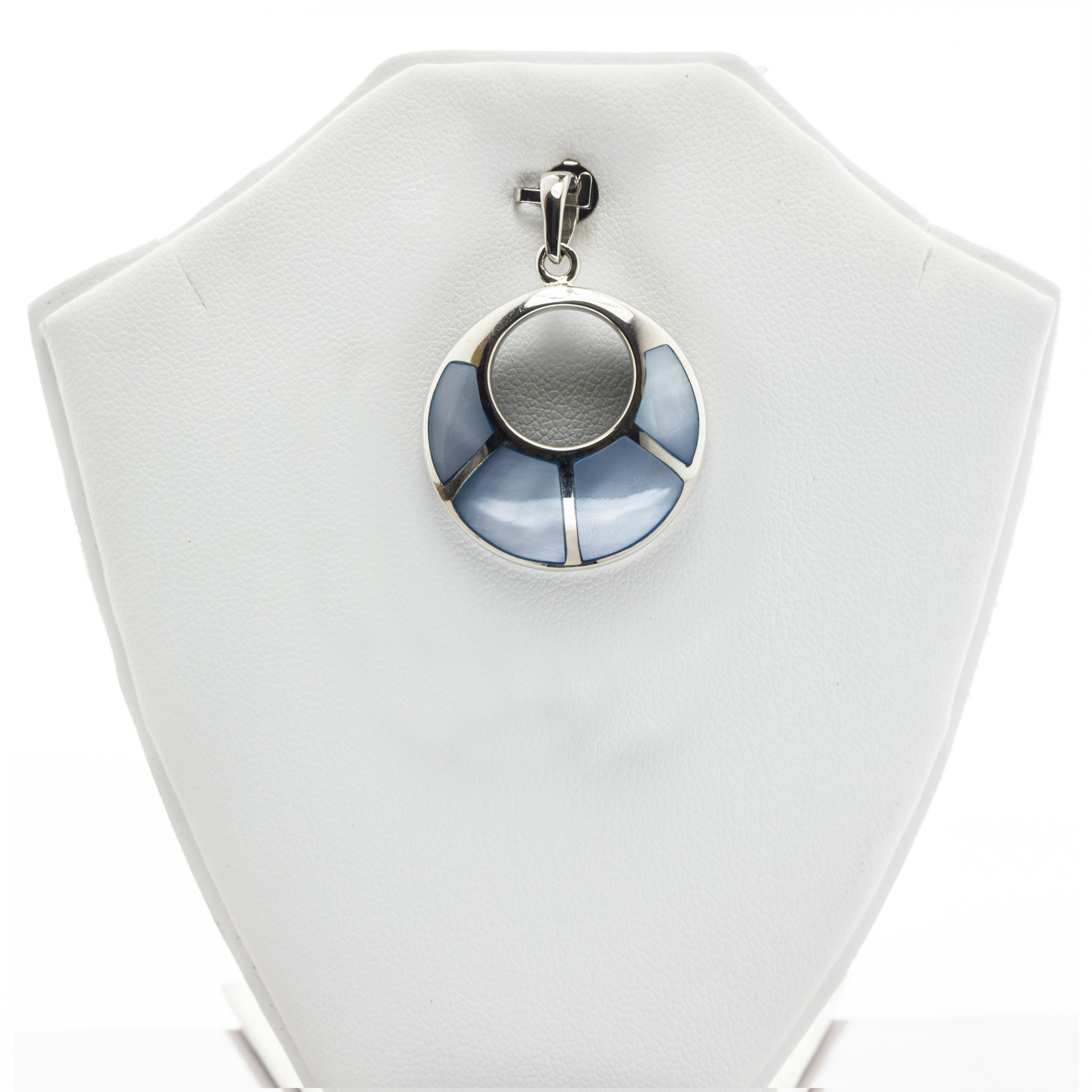 Circular Engraved Blue Mother of Pearl Fine Silver Pendant