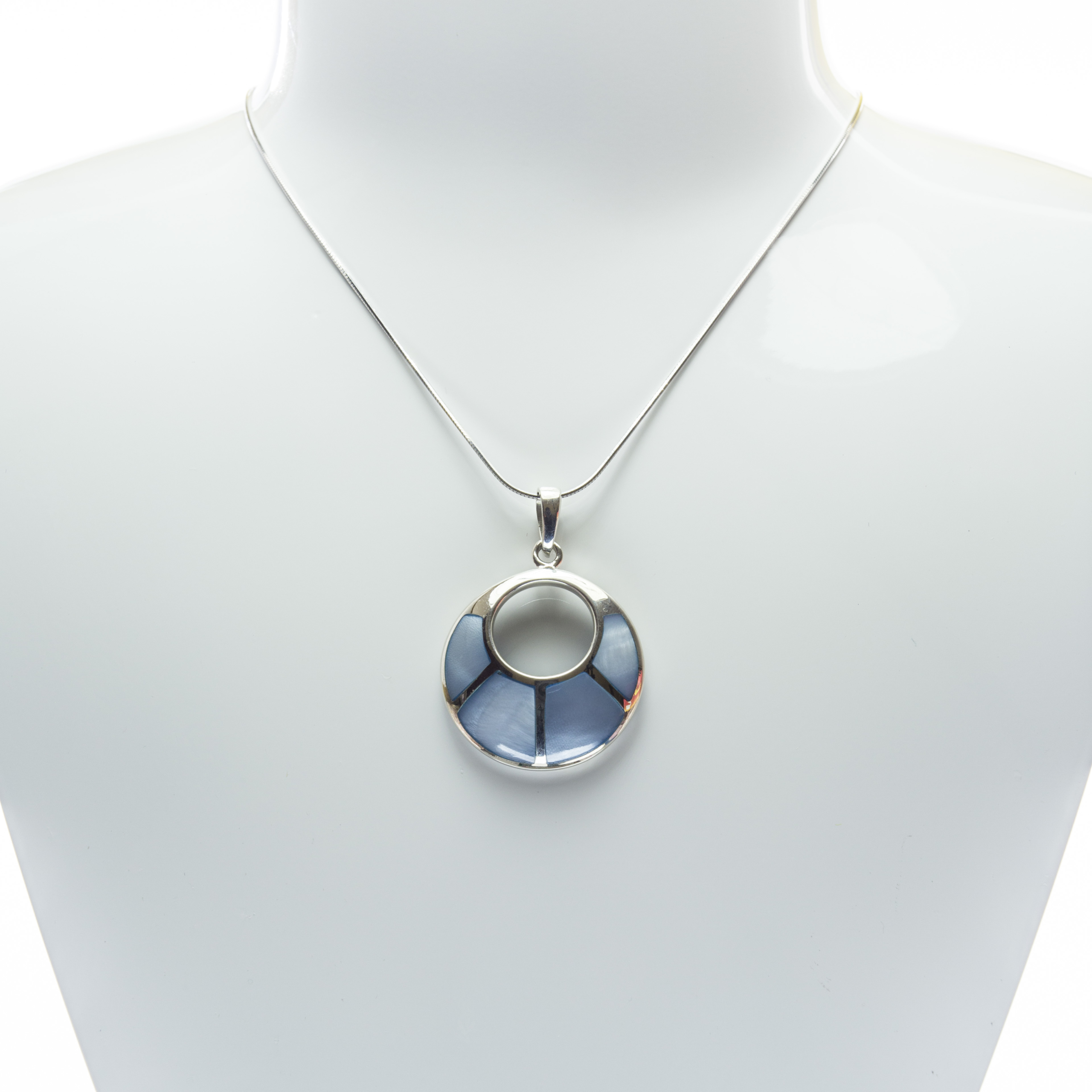 Circular Engraved Blue Mother of Pearl Fine Silver Pendant