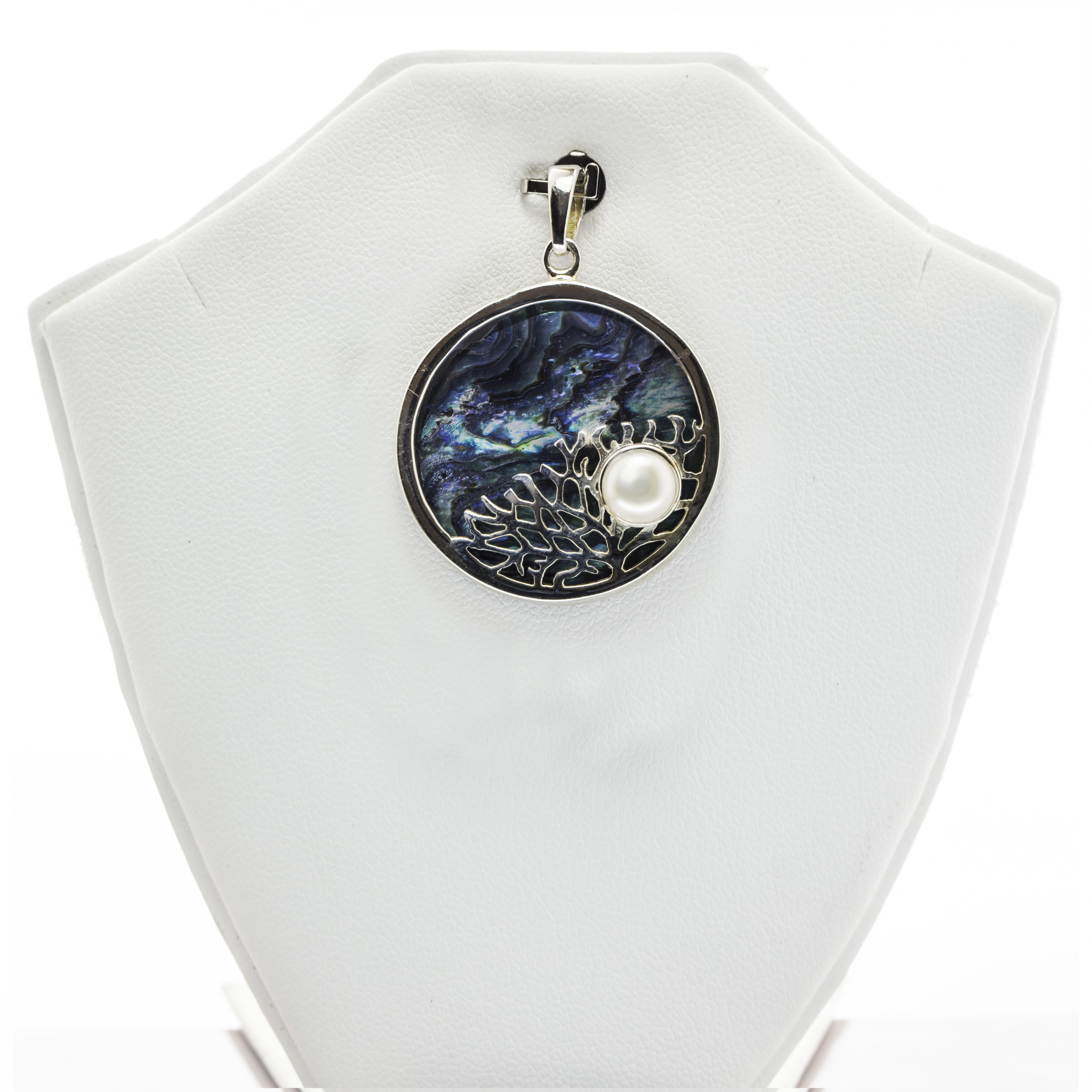 Circular Colar Engraved Abalone Shell with pearl Fine Silver Pendant