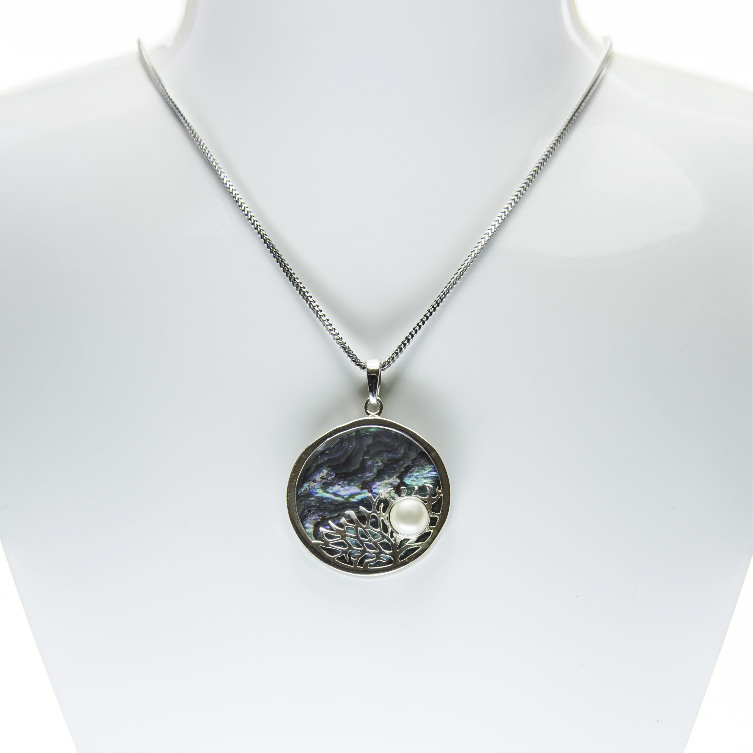 Circular Colar Engraved Abalone Shell with pearl Fine Silver Pendant