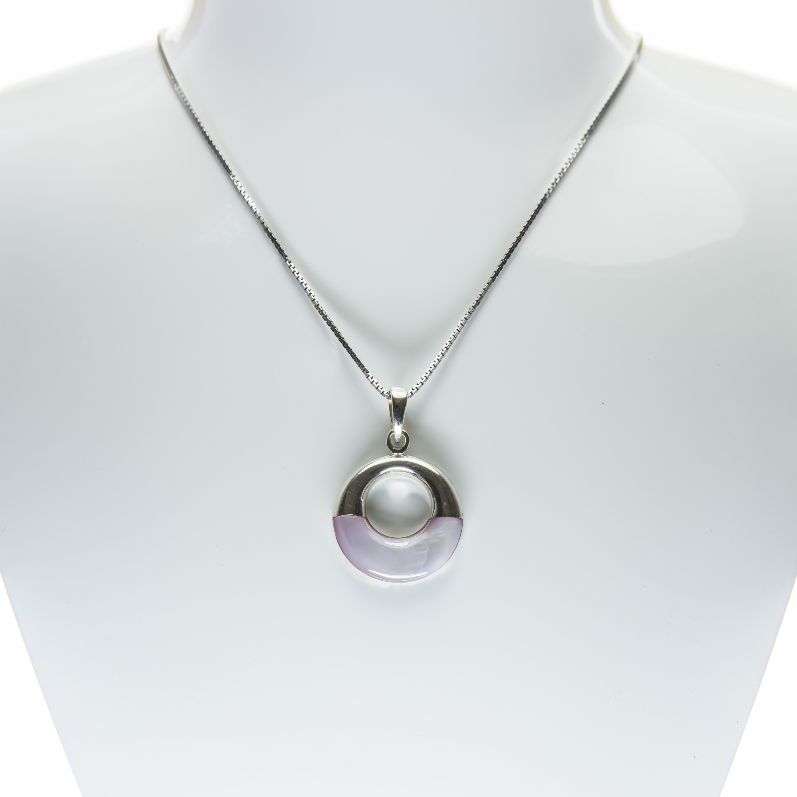 Circular Engraved Pink Mother of Pearl Fine Silver Pendant