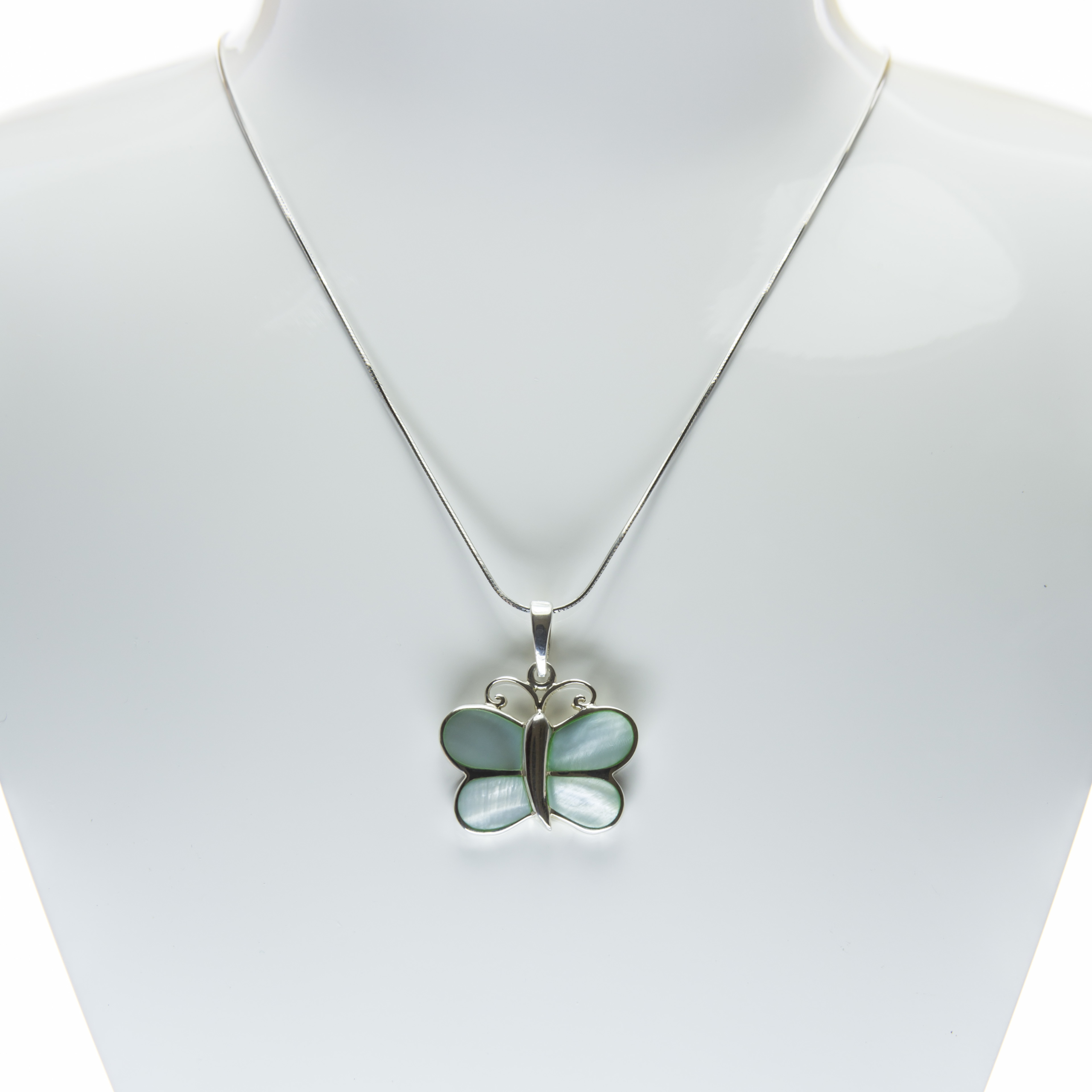 Full Butterfly Engraved Mother of Pearl Fine Silver Pendant