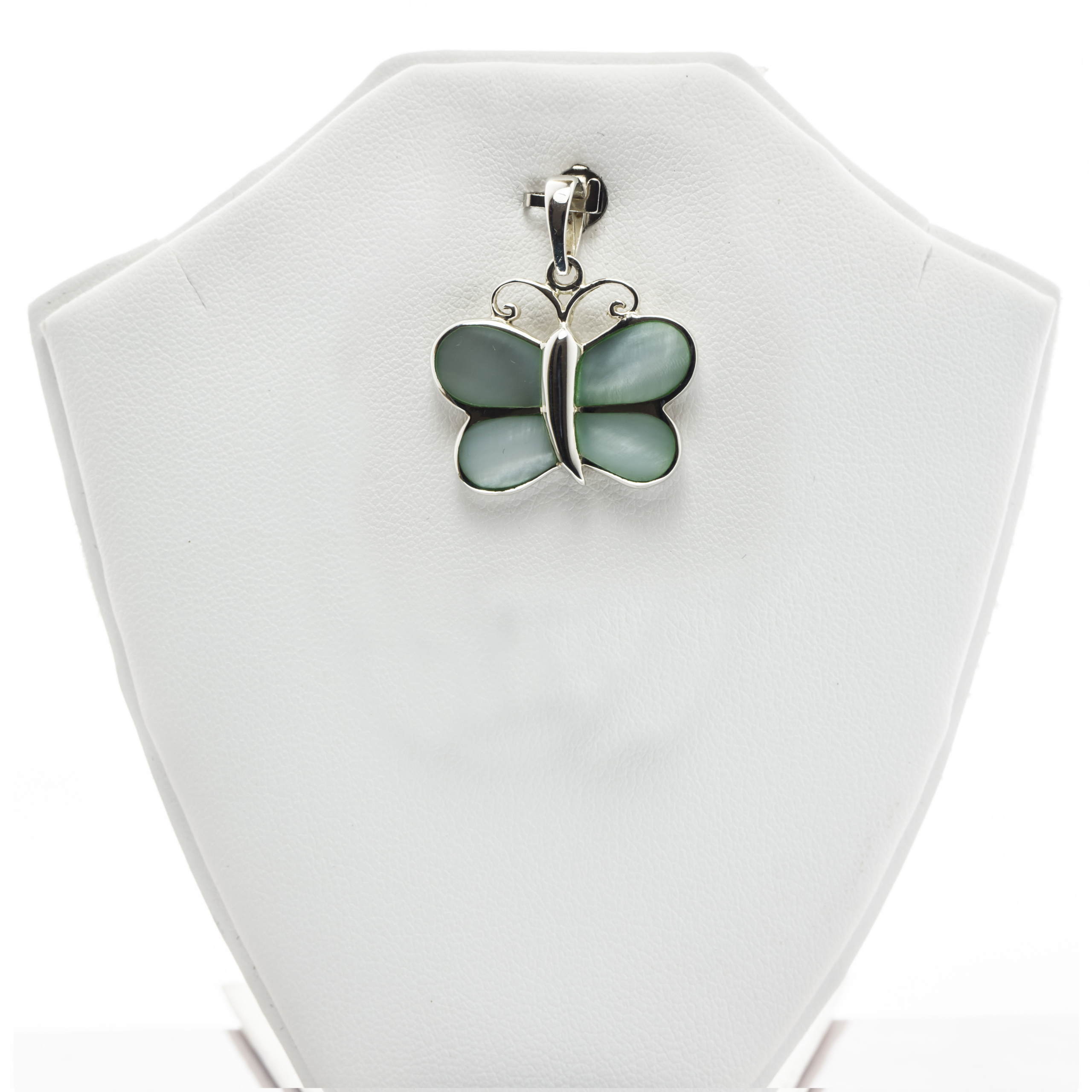 Full Butterfly Engraved Mother of Pearl Fine Silver Pendant