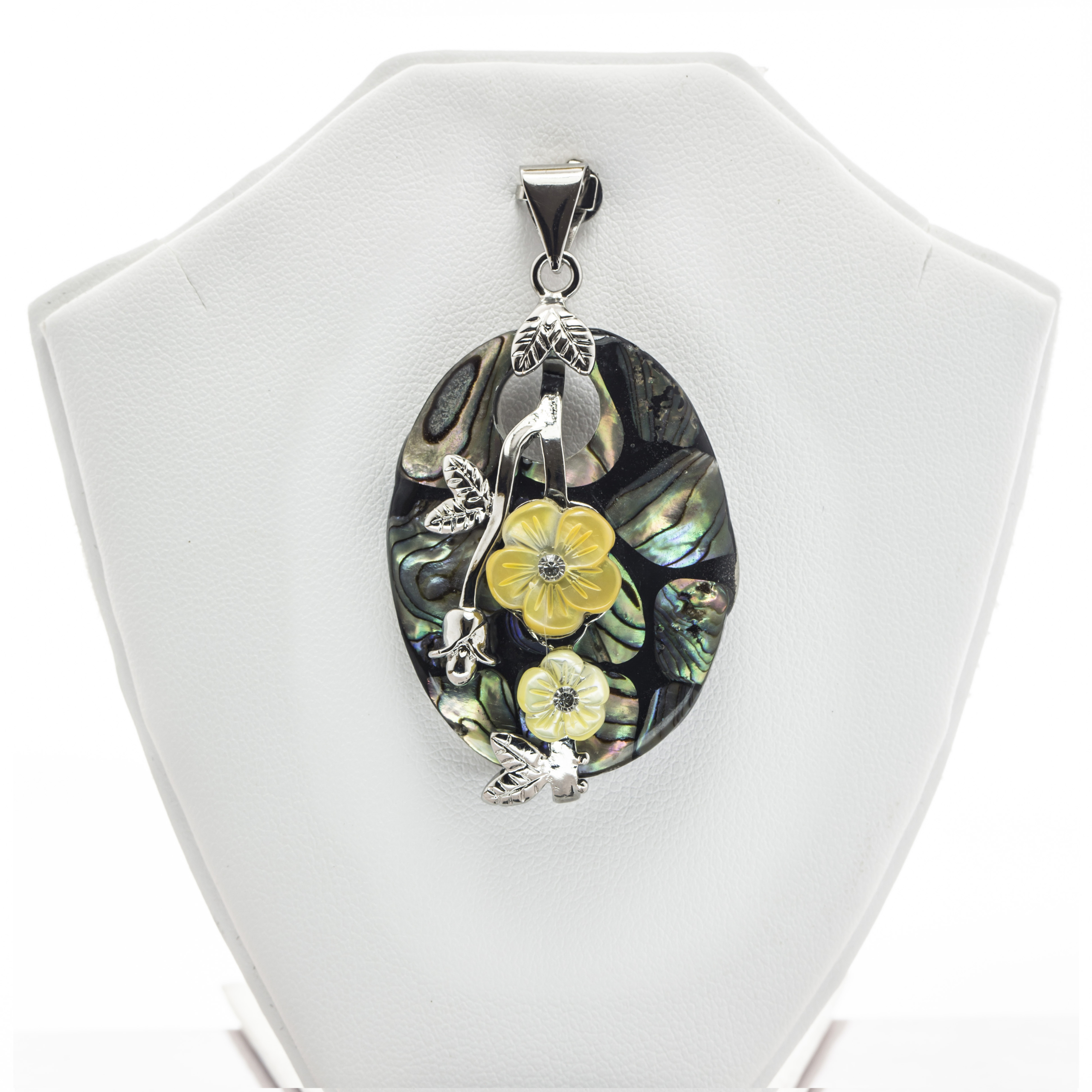 Oval shaped Floral pattern Abalone Shell and Mother of Pearl Pendant