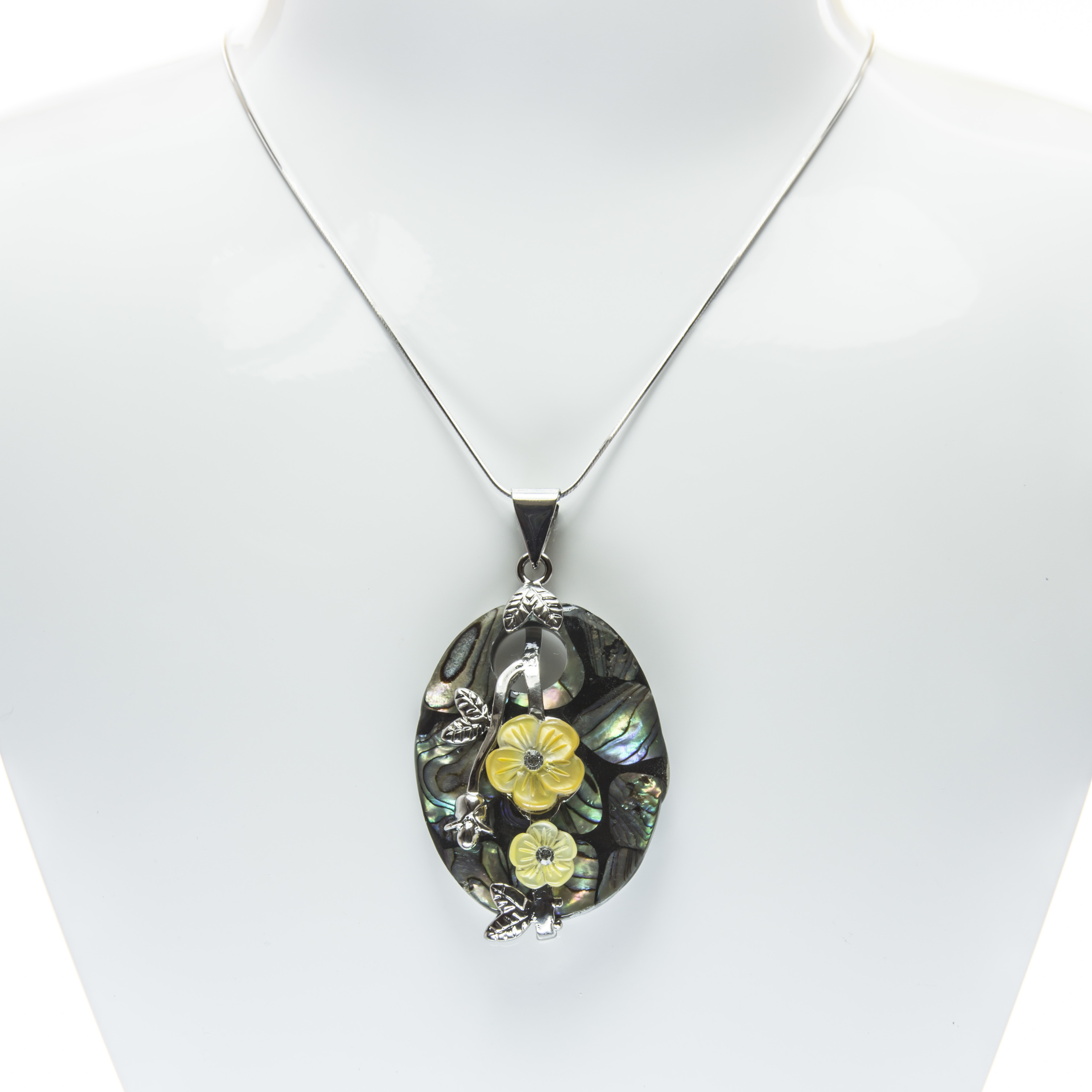 Oval shaped Floral pattern Abalone Shell and Mother of Pearl Pendant