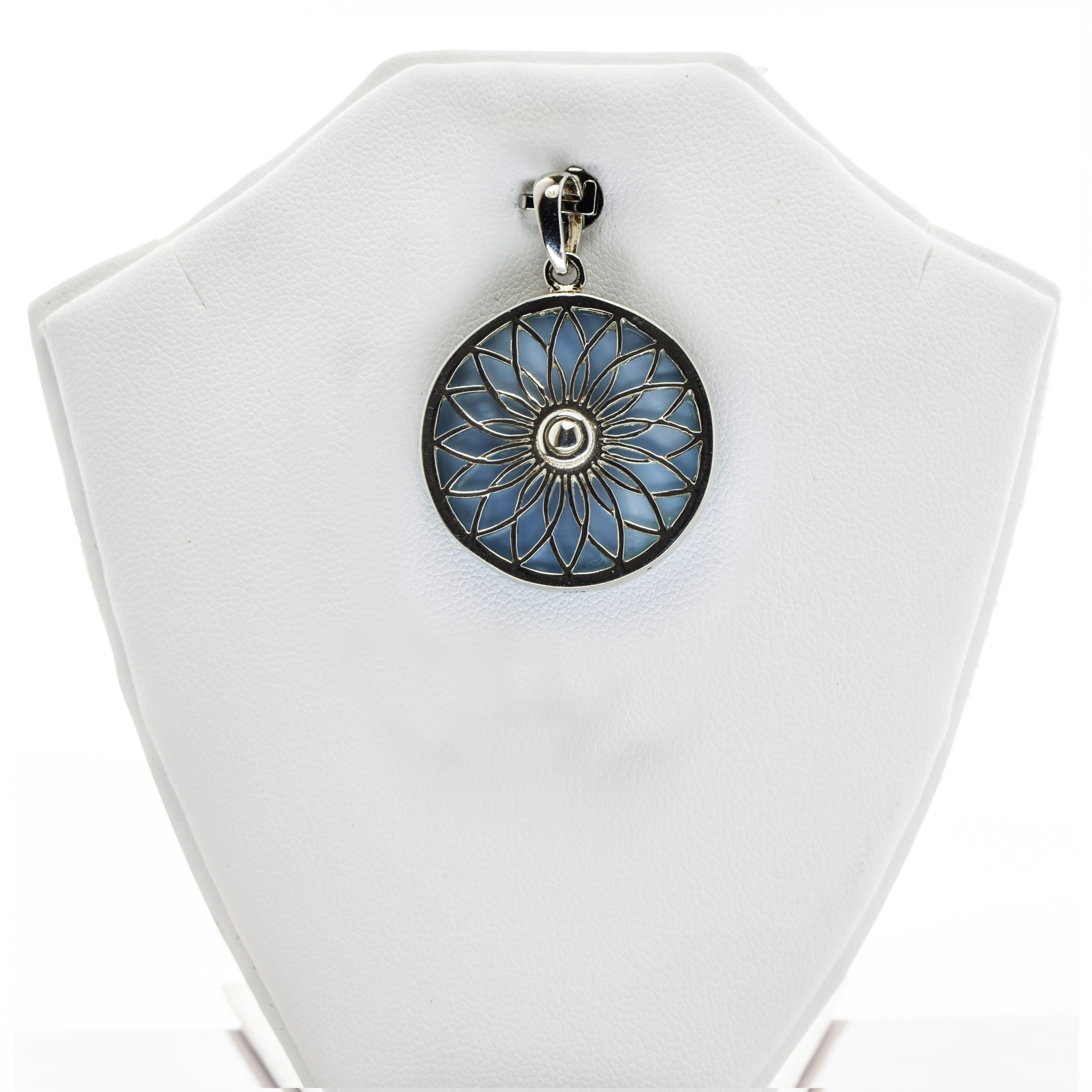 Circular Flower Pattern Engraved Mother of Pearl Fine Silver Pendant