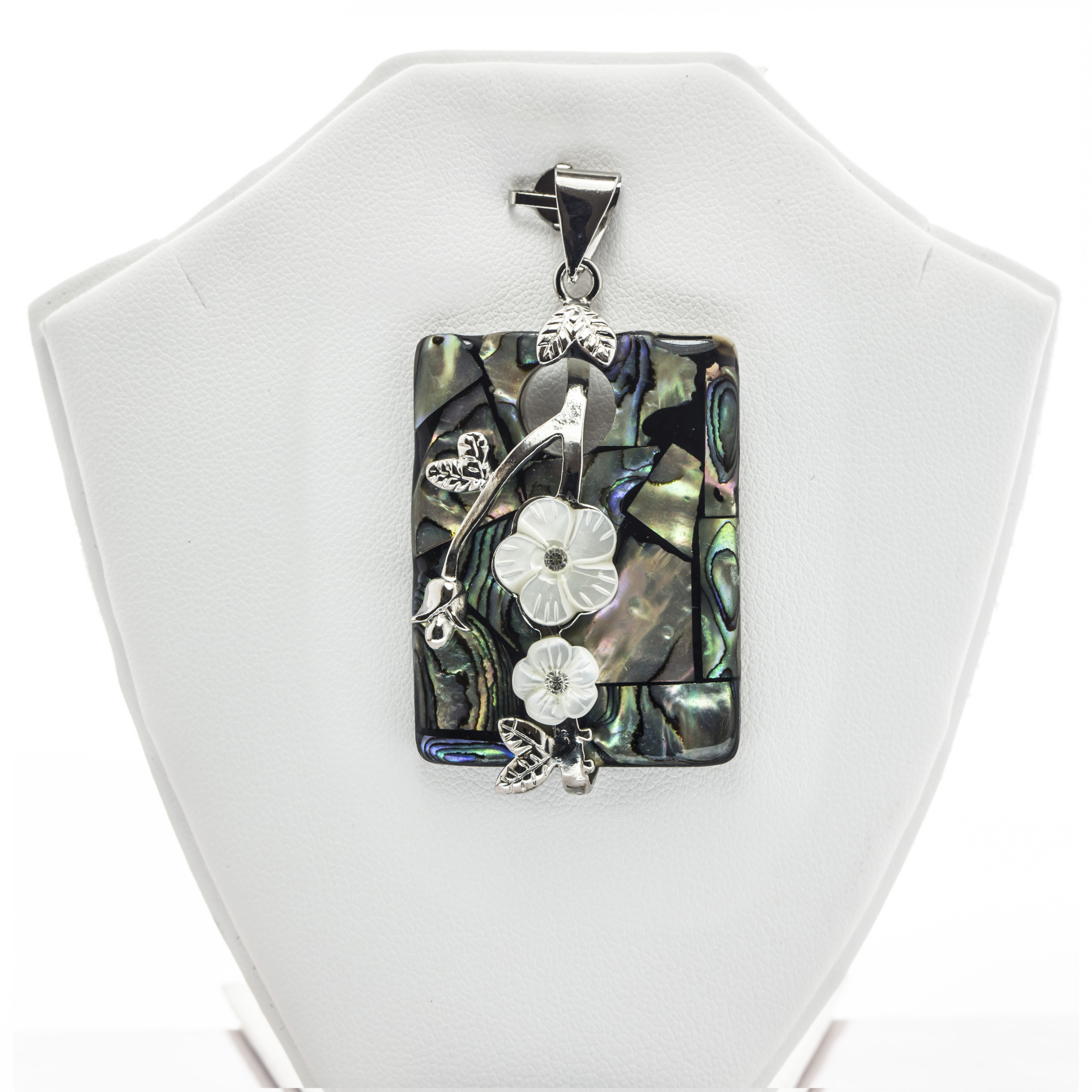 Rectangle shaped Floral pattern Abalone Shell and Mother of Pearl Pendant