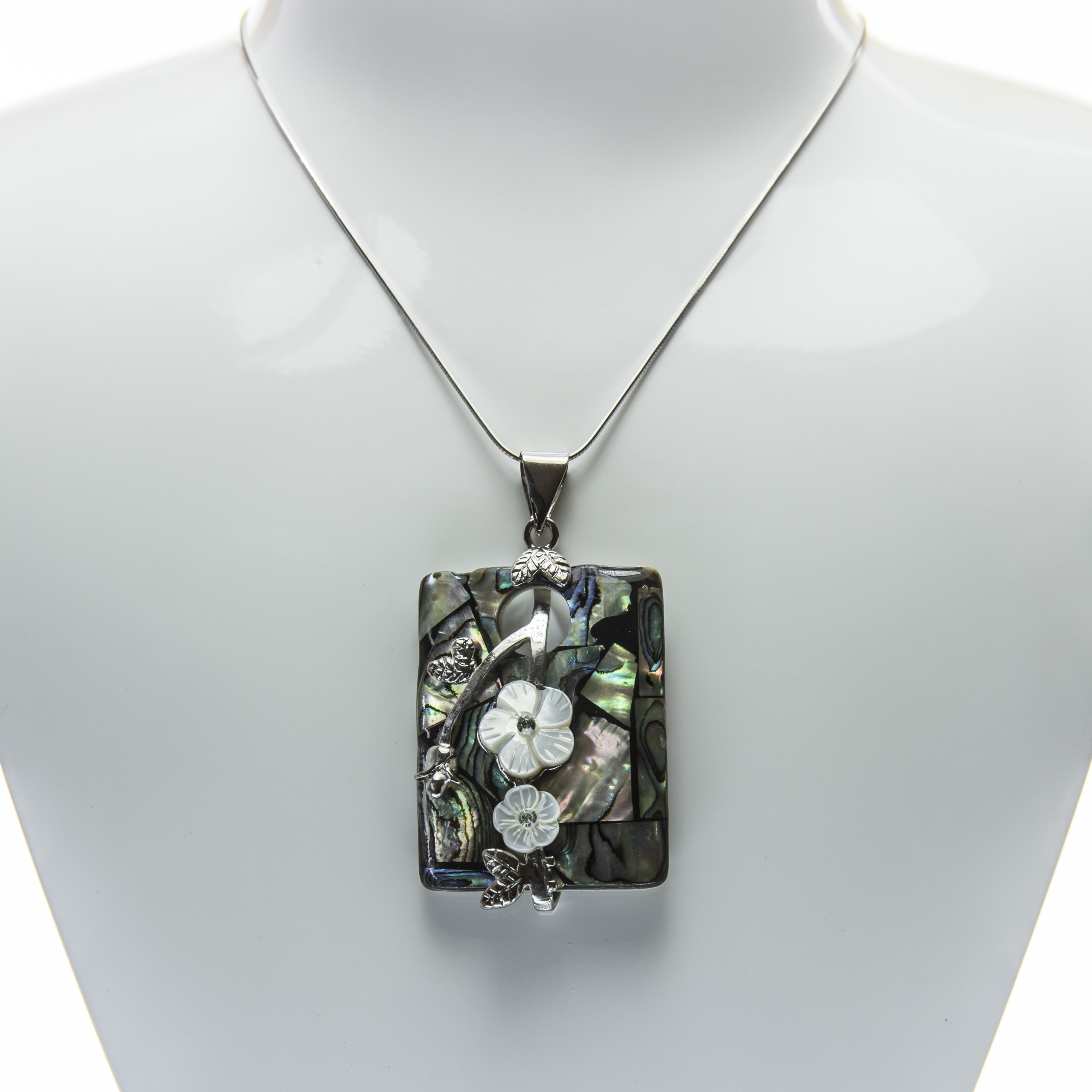 Rectangle shaped Floral pattern Abalone Shell and Mother of Pearl Pendant