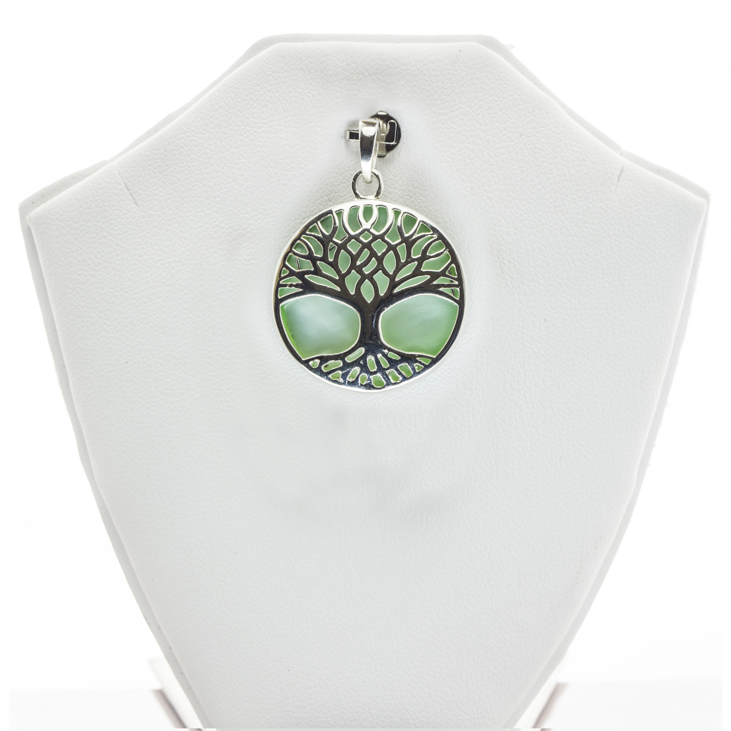 Round tree Pattern Engraved Mother of Pearl Fine Silver Pendant