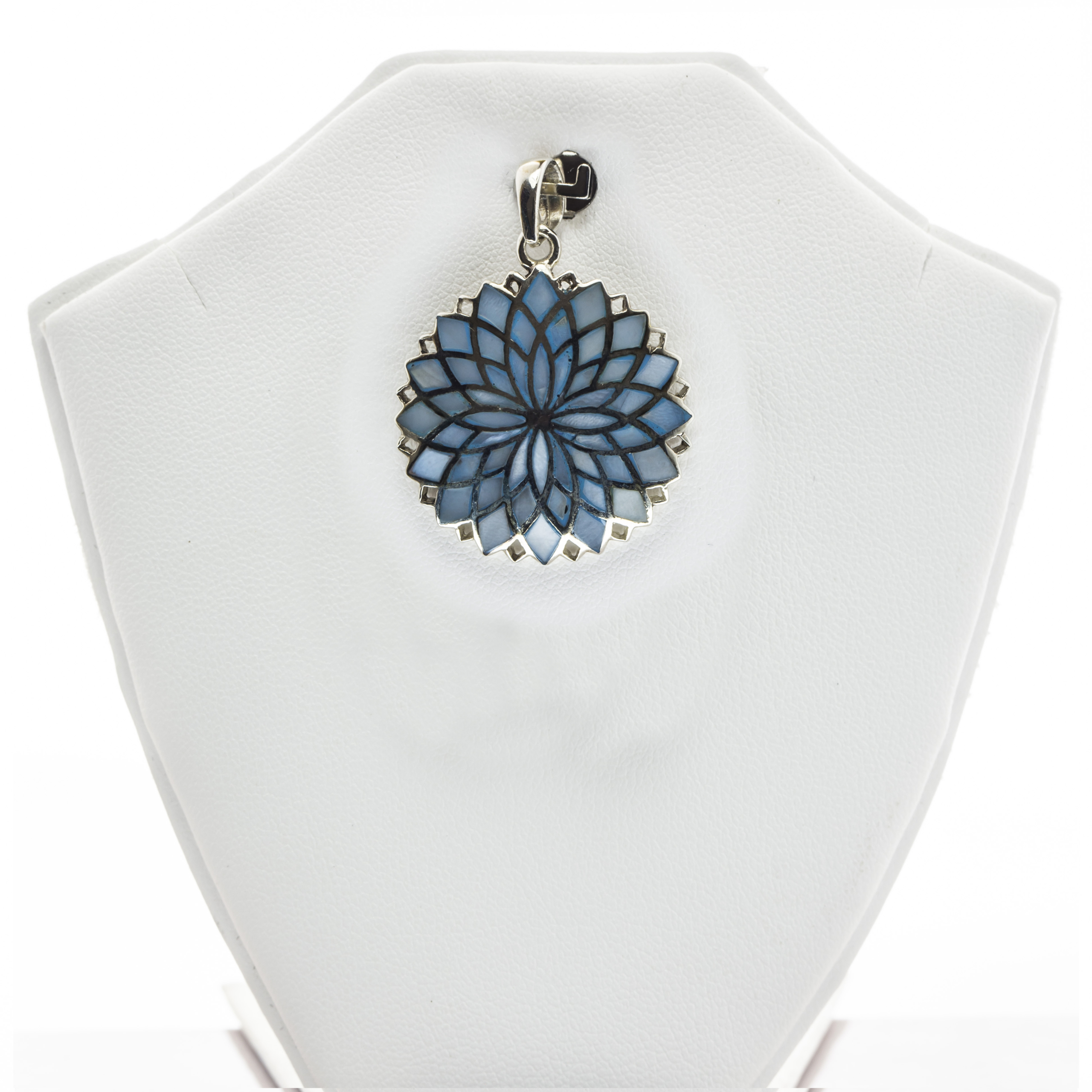 Flower Pattern Engraved Blue Mother of Pearl Fine Silver Pendant