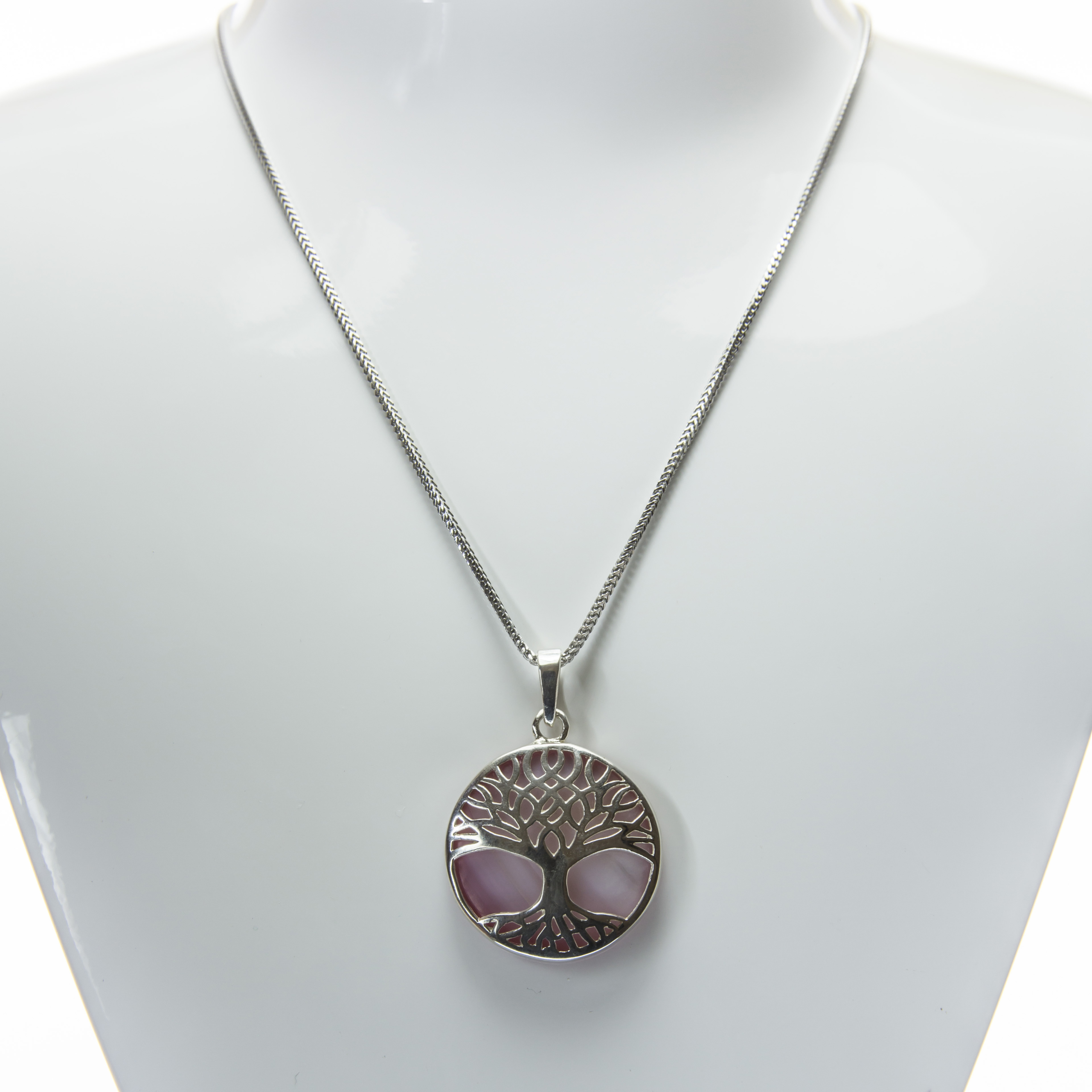 Round tree Pattern Engraved Pink Mother of Pearl Fine Silver Pendant