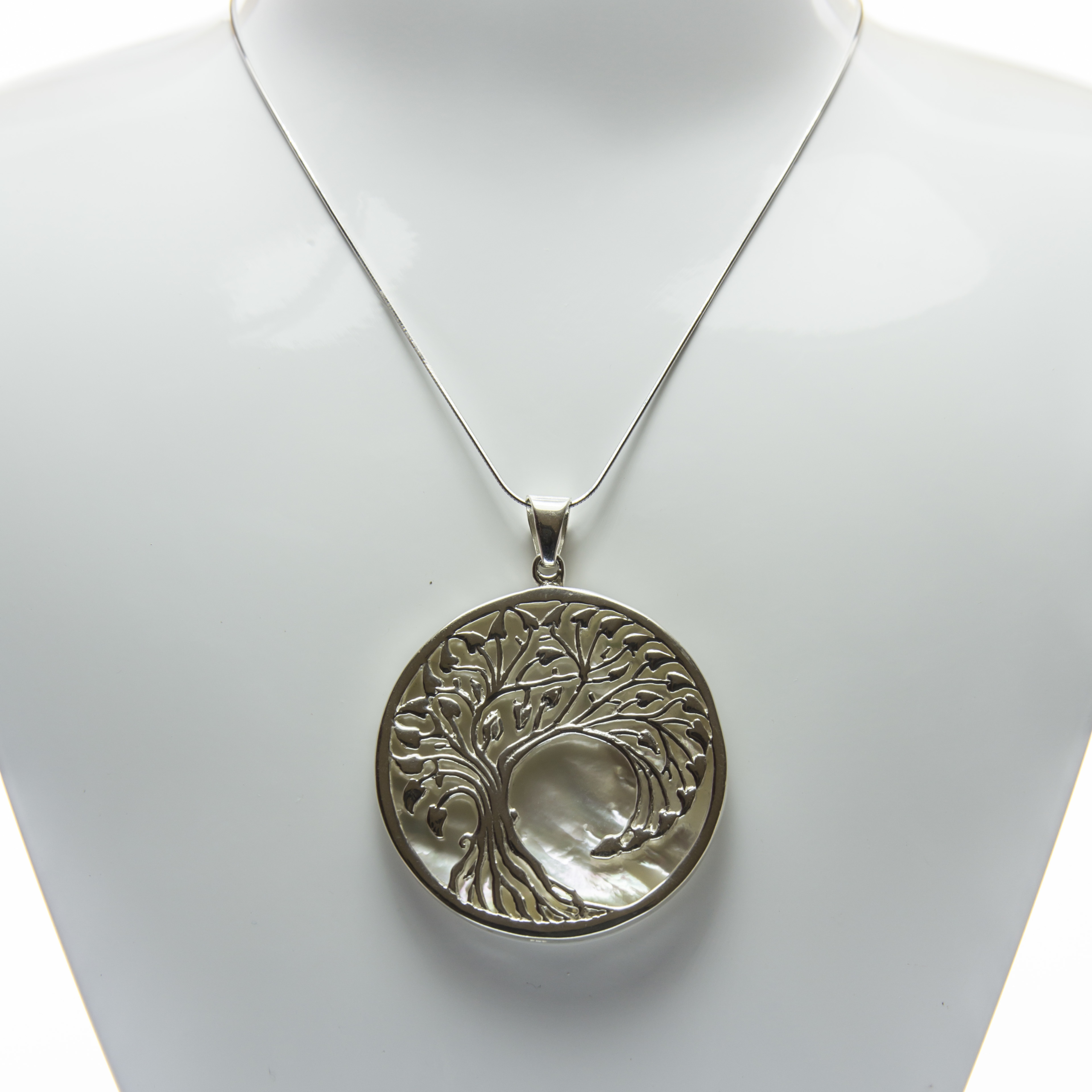 Big Round Tree Engraved Mother of Pearl Fine Silver Pendant