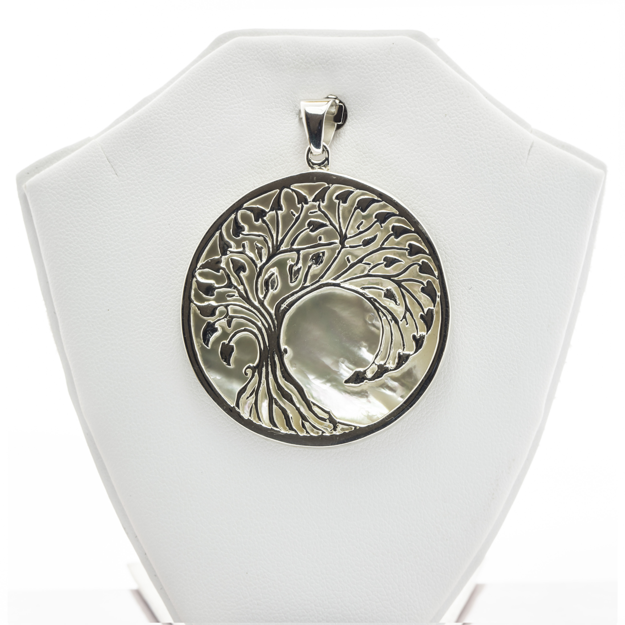 Big Round Tree Engraved Mother of Pearl Fine Silver Pendant