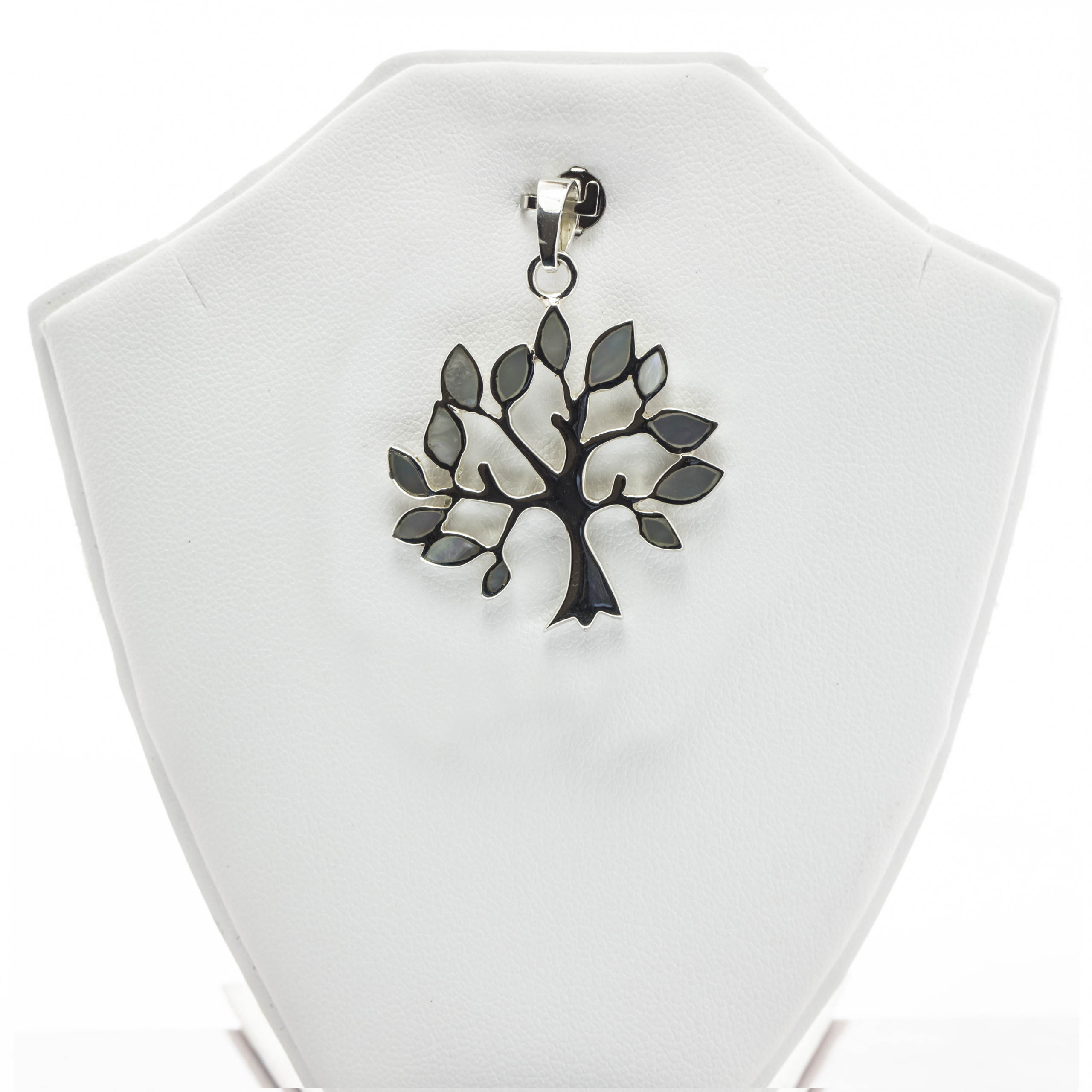 Tree Shaped Engraved Mother of Pearl Fine Silver Pendant