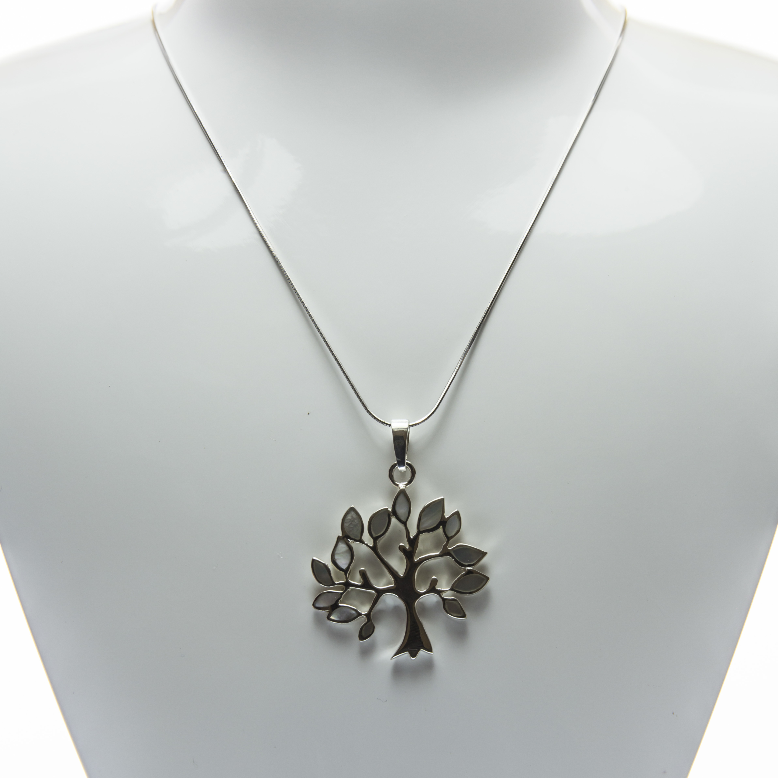 Tree Shaped Engraved Mother of Pearl Fine Silver Pendant