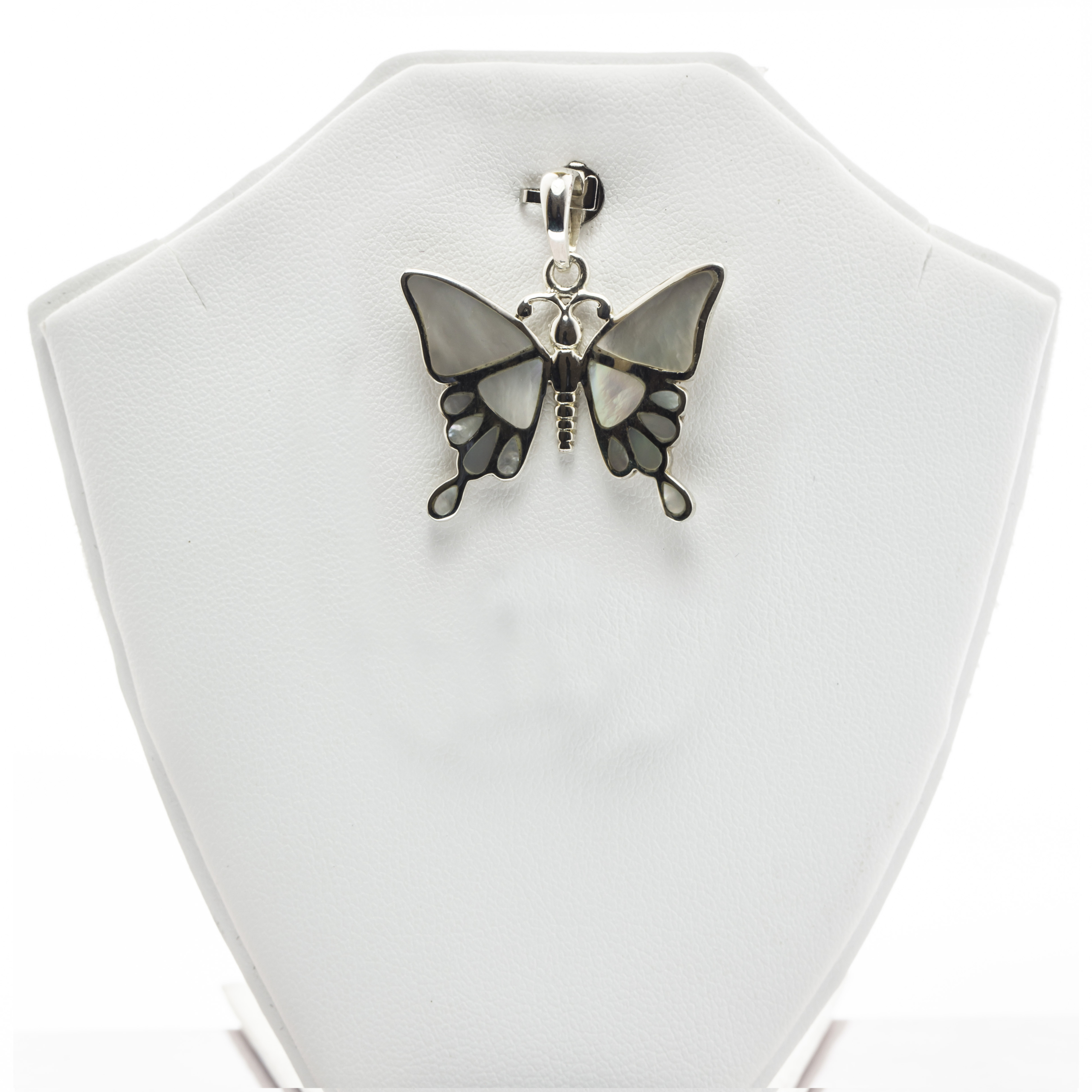 Full Butterfly Engraved Mother of Pearl Fine Silver Pendant