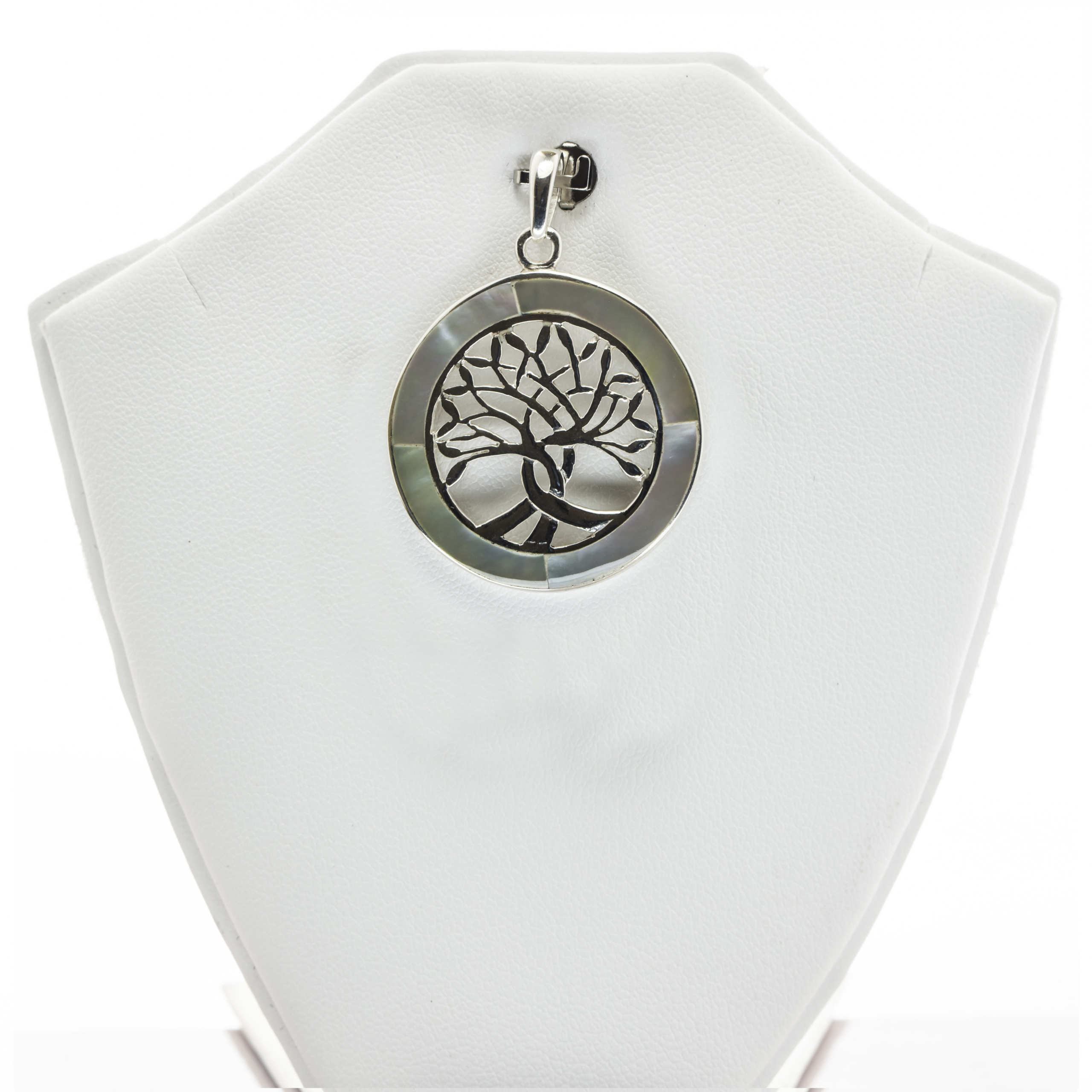 Round tree Pattern Engraved Mother of Pearl Fine Silver Pendant