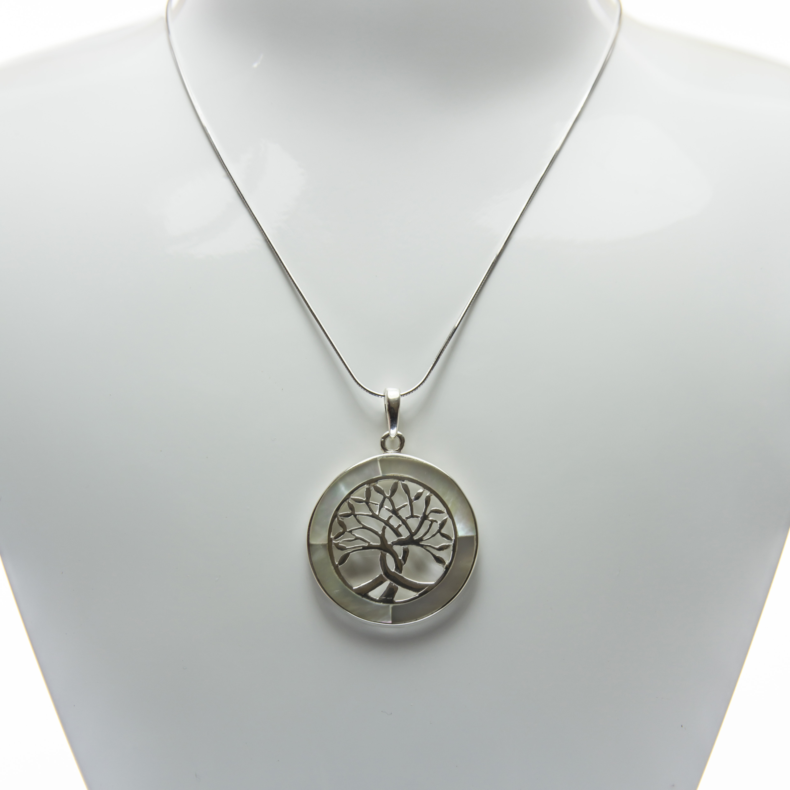 Round tree Pattern Engraved Mother of Pearl Fine Silver Pendant