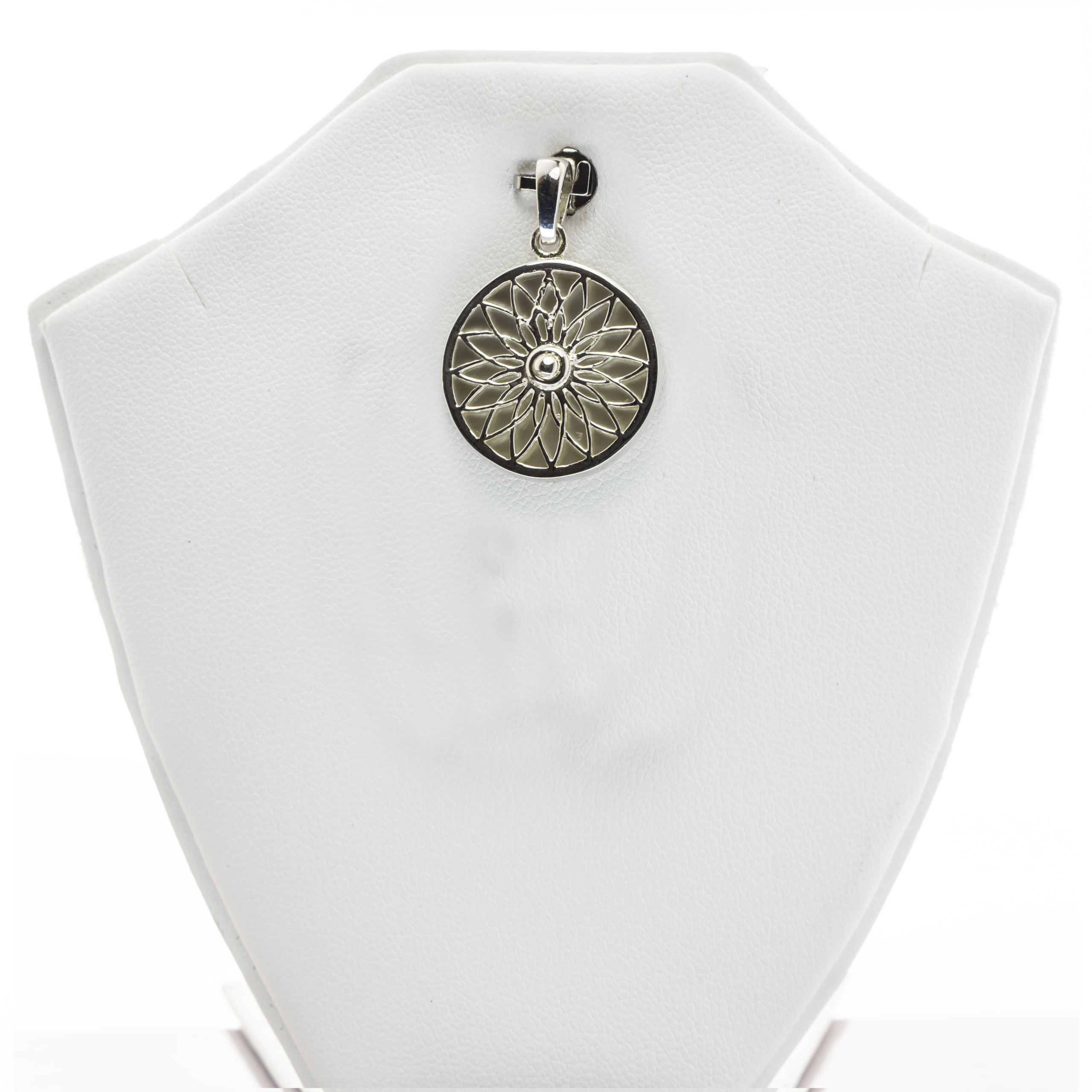 Round Floral Pattern Engraved Mother of Pearl Fine Silver Pendant