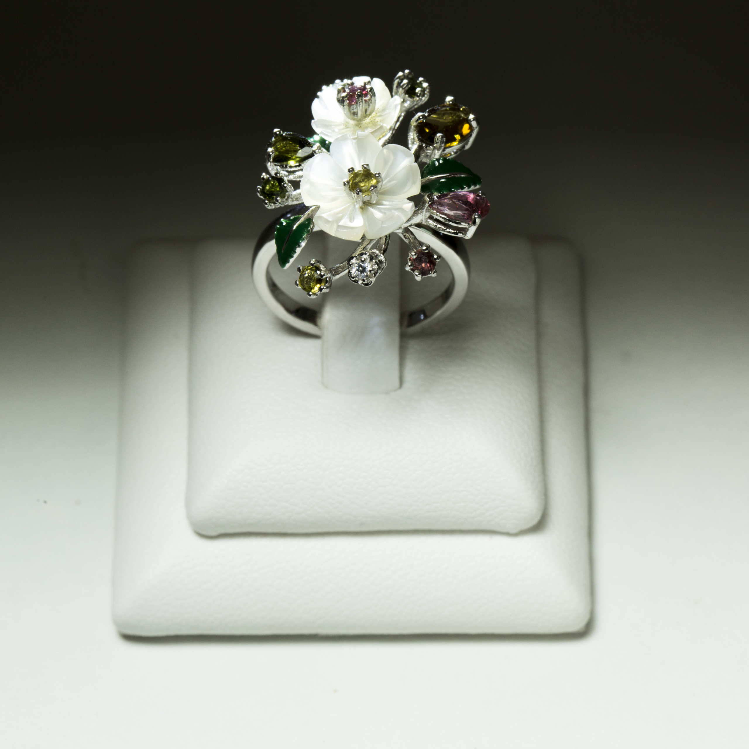 Floral Natural Gem Stone  studded Mother of Pearl Fine Silver Ring