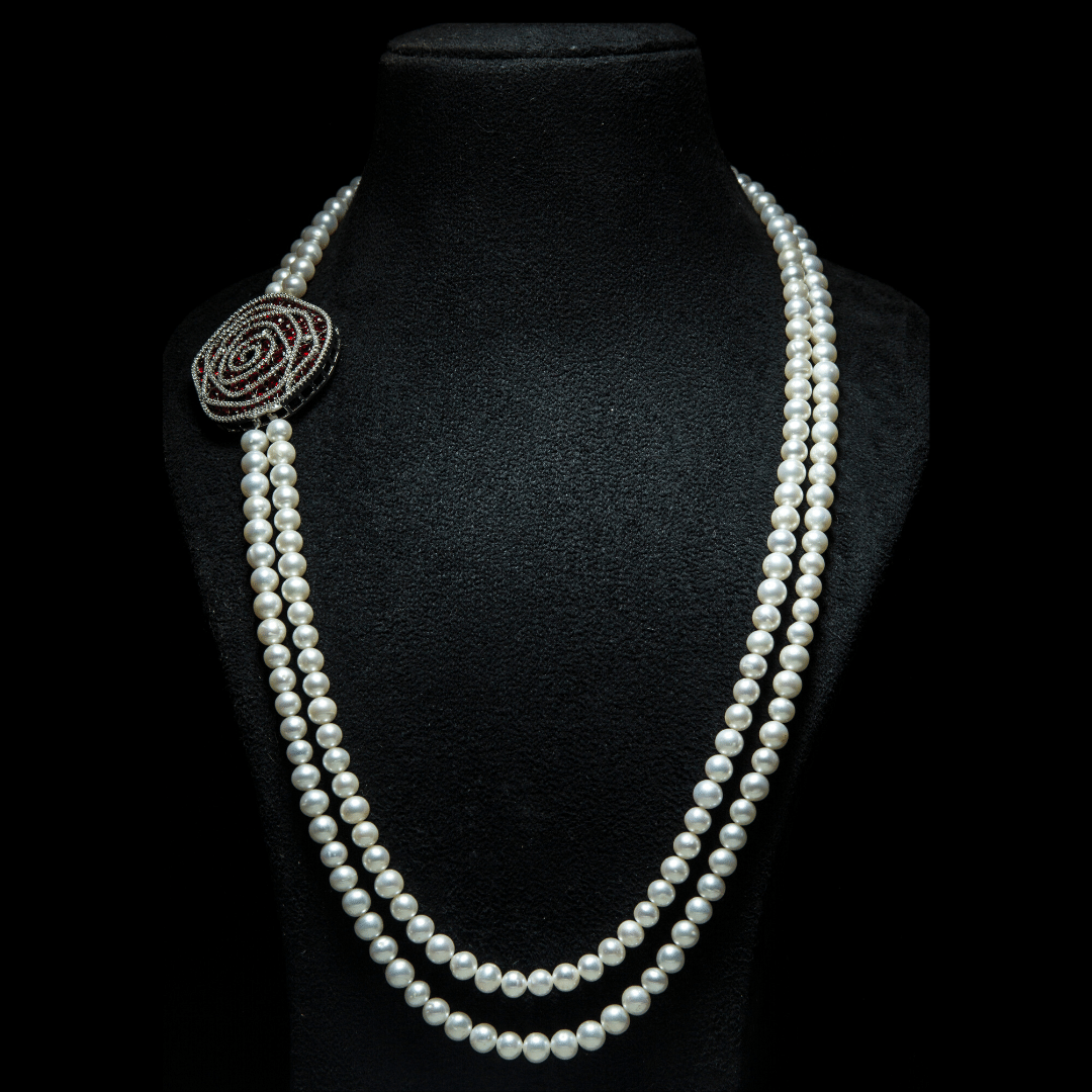 Circular loop red ruby stone white pearl double strand pearl necklace-with silver single rhinestone lock