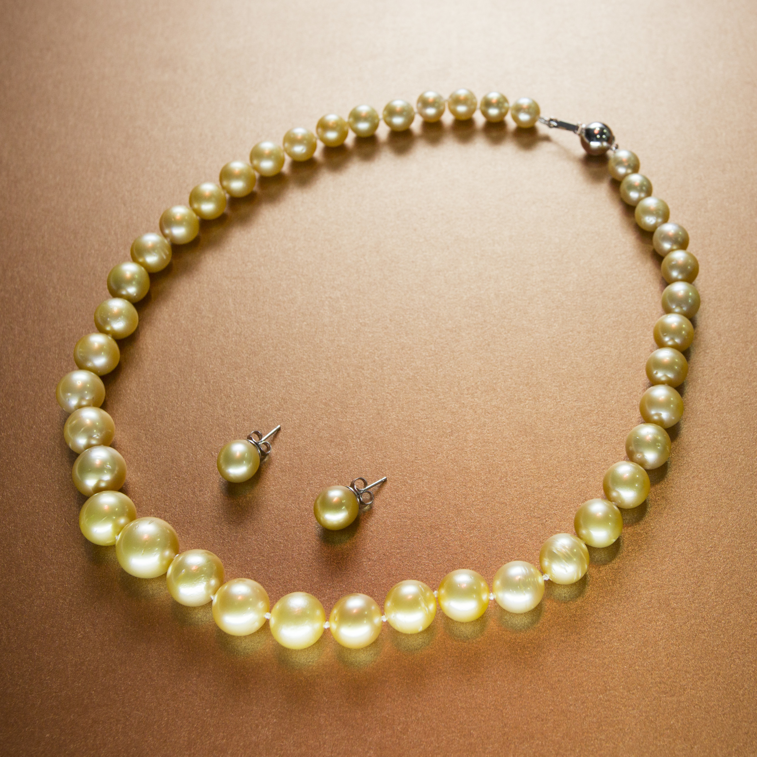 Vintage Natural Golden South Sea Pearl Necklace Set - Silver Clasp