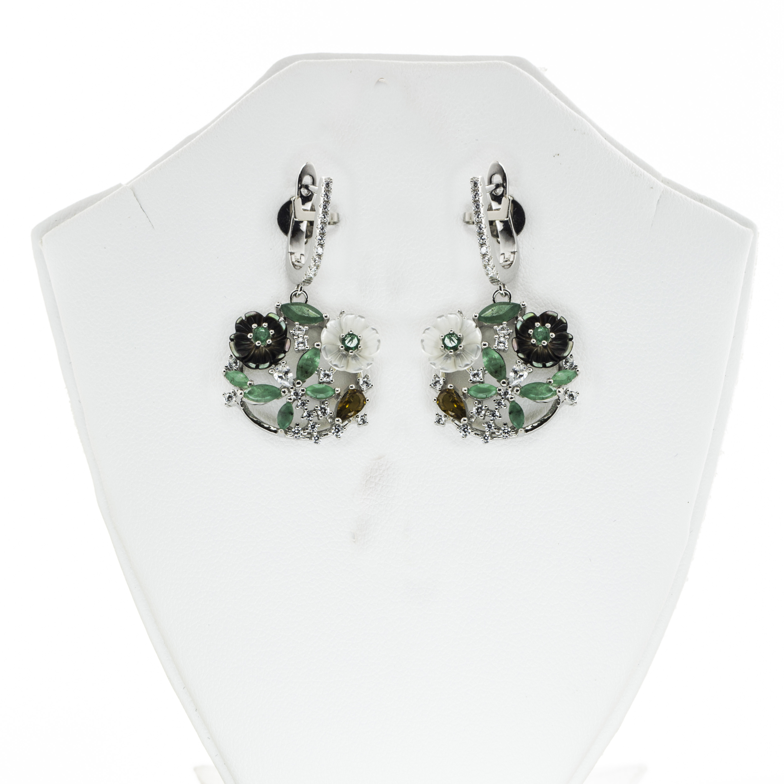 Floral Emerald studded Mother of Pearl Fine Silver Earring