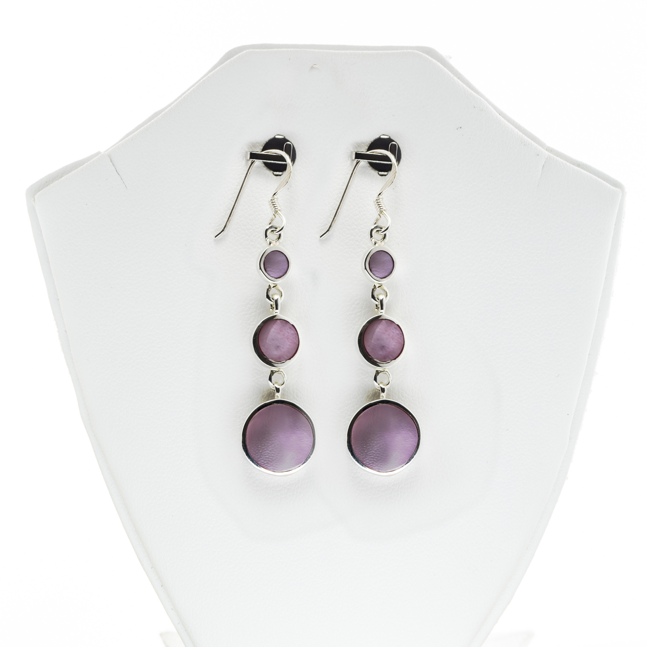 Hanging purple drop Engraved Mother of Pearl Fine Silver Earring