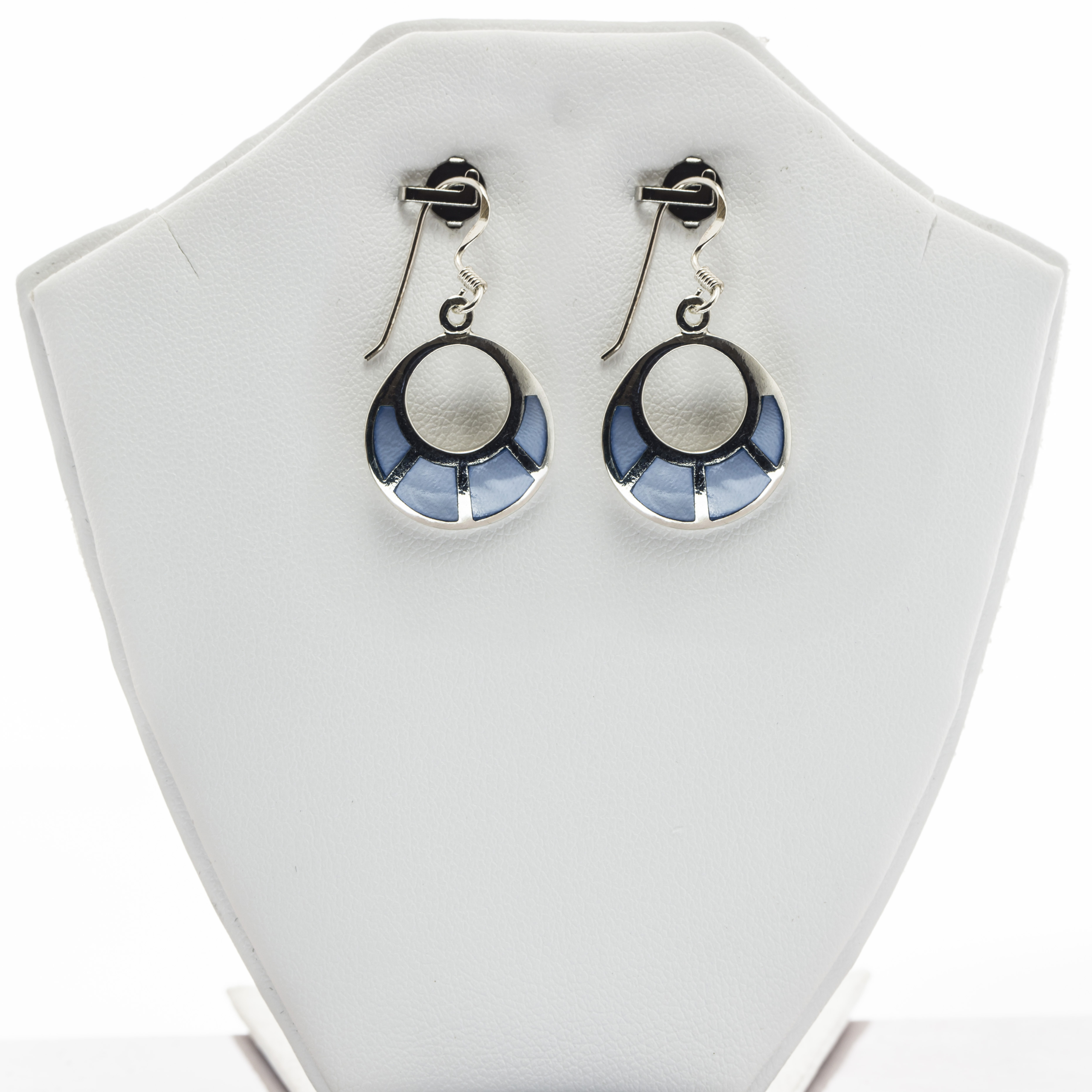 Circular blue dual tone Engraved Mother of Pearl Fine Silver Earring