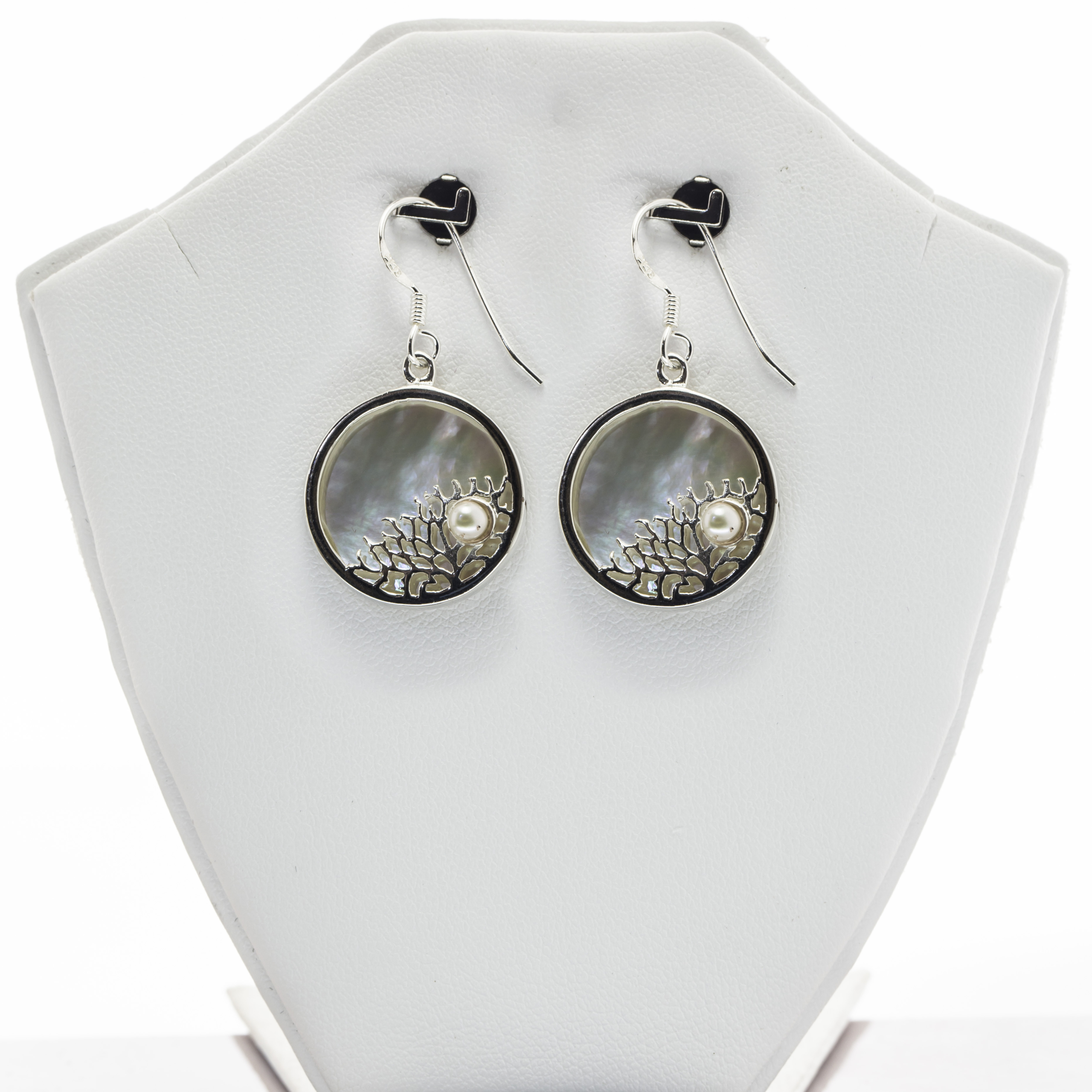 Circular Coral Pearl studded tree Engraved Mother of Pearl Fine Silver Earring