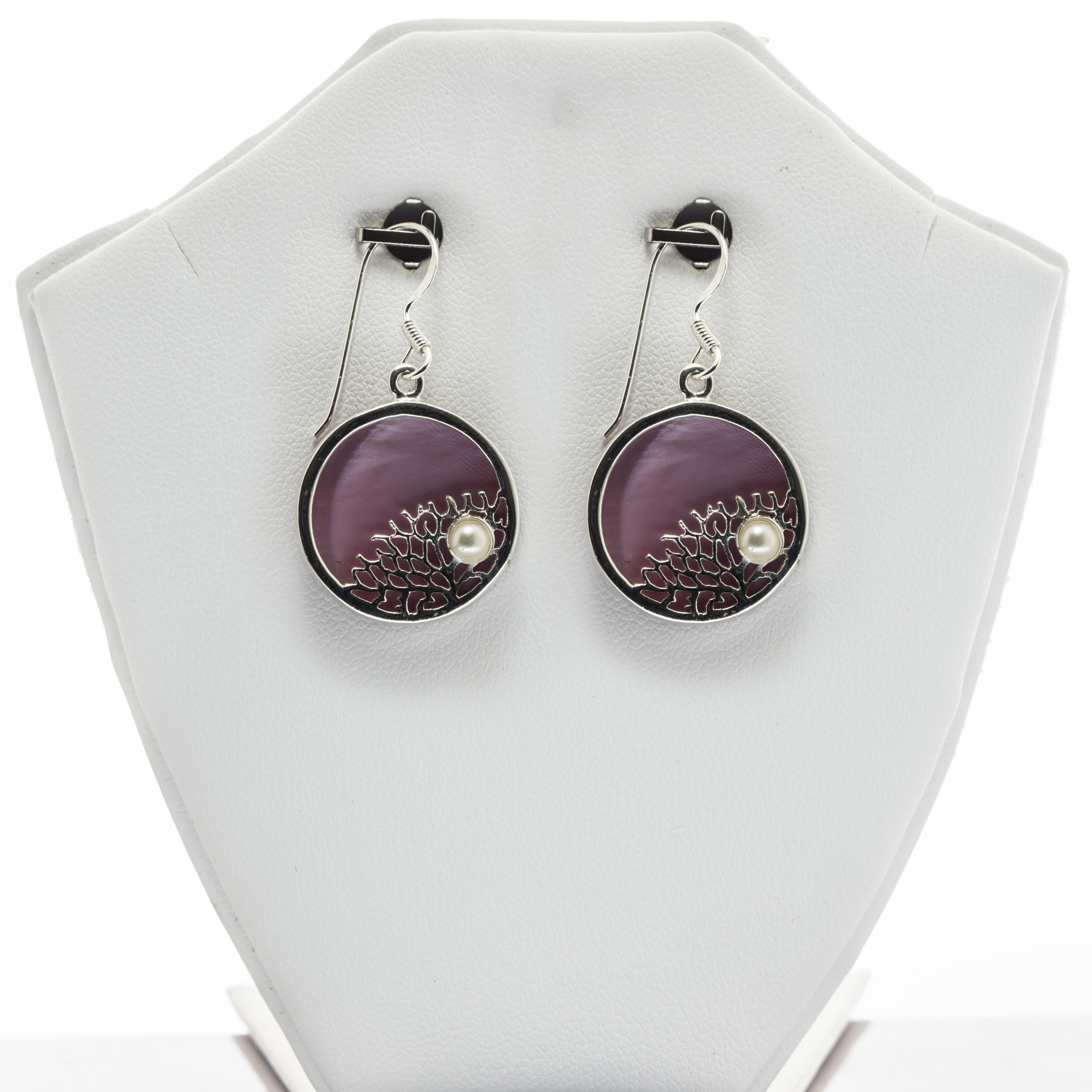 Circular Purple Coral Pearl studded Tree Engraved Mother of Pearl Fine Silver Earring