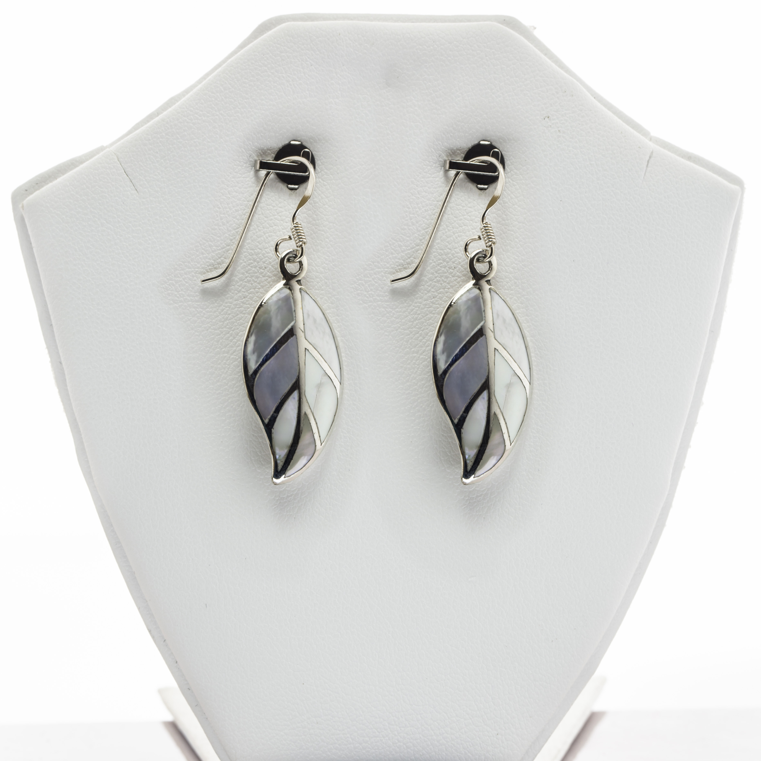 B&W Leaf Engraved Mother of Pearl Fine Silver Earring